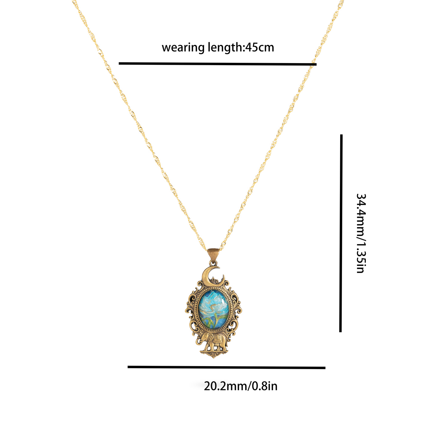 Moonlit Bloom & Elephant Brass Pendant – Inlaid Relief Art Night Blossom Necklace
