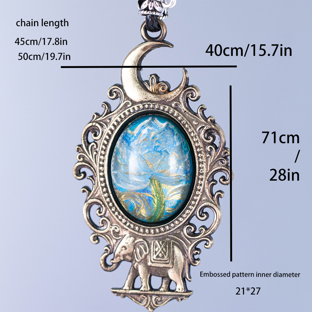 Mystic Elephant & Moon Pendant Necklace – Hand-Painted Blue Dreamscape in Vintage Brass Frame | Boho Fantasy Jewelry