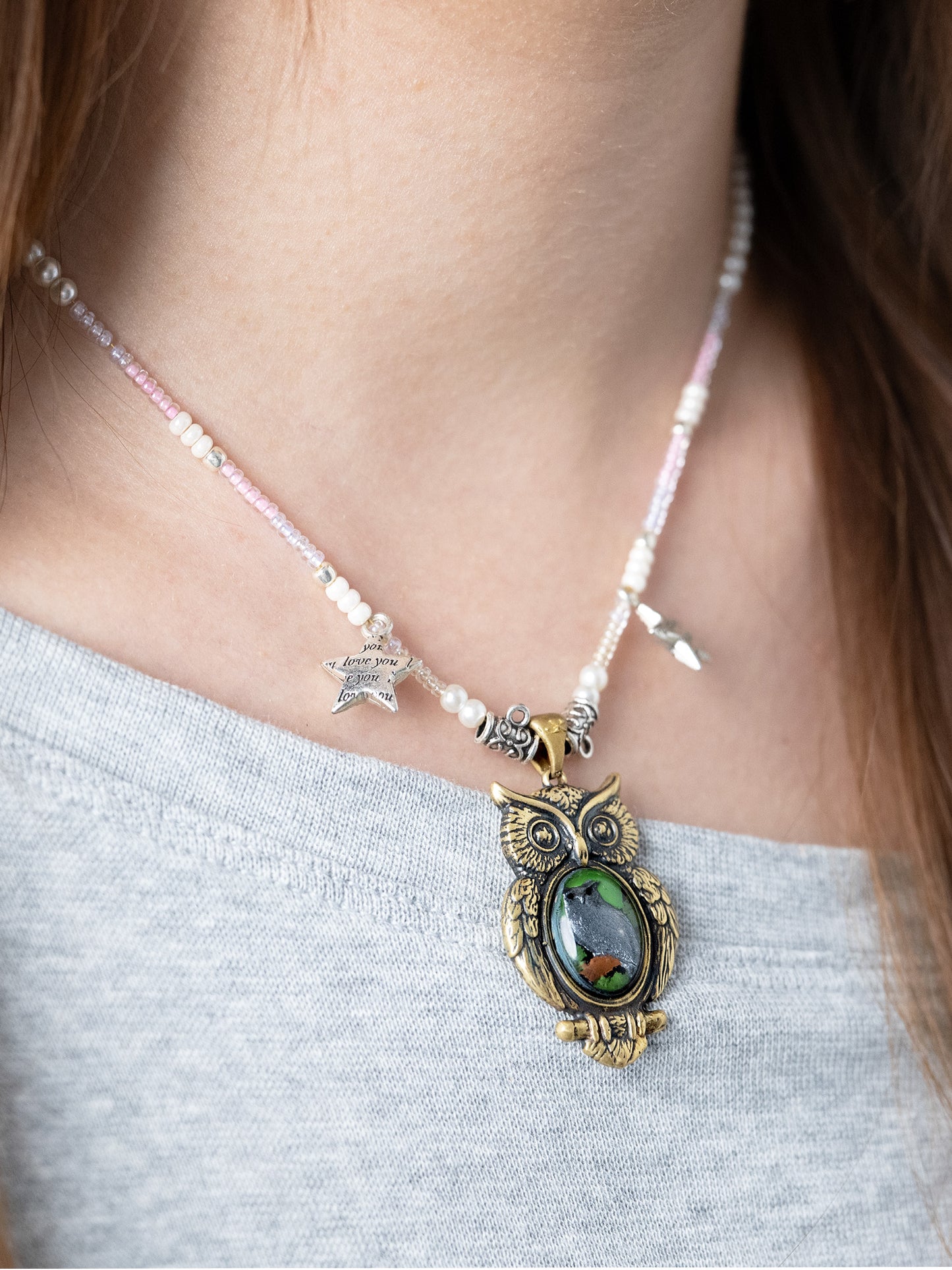 Owl Guardian Pendant Necklace – Vintage Brass with Inlaid Relief Art