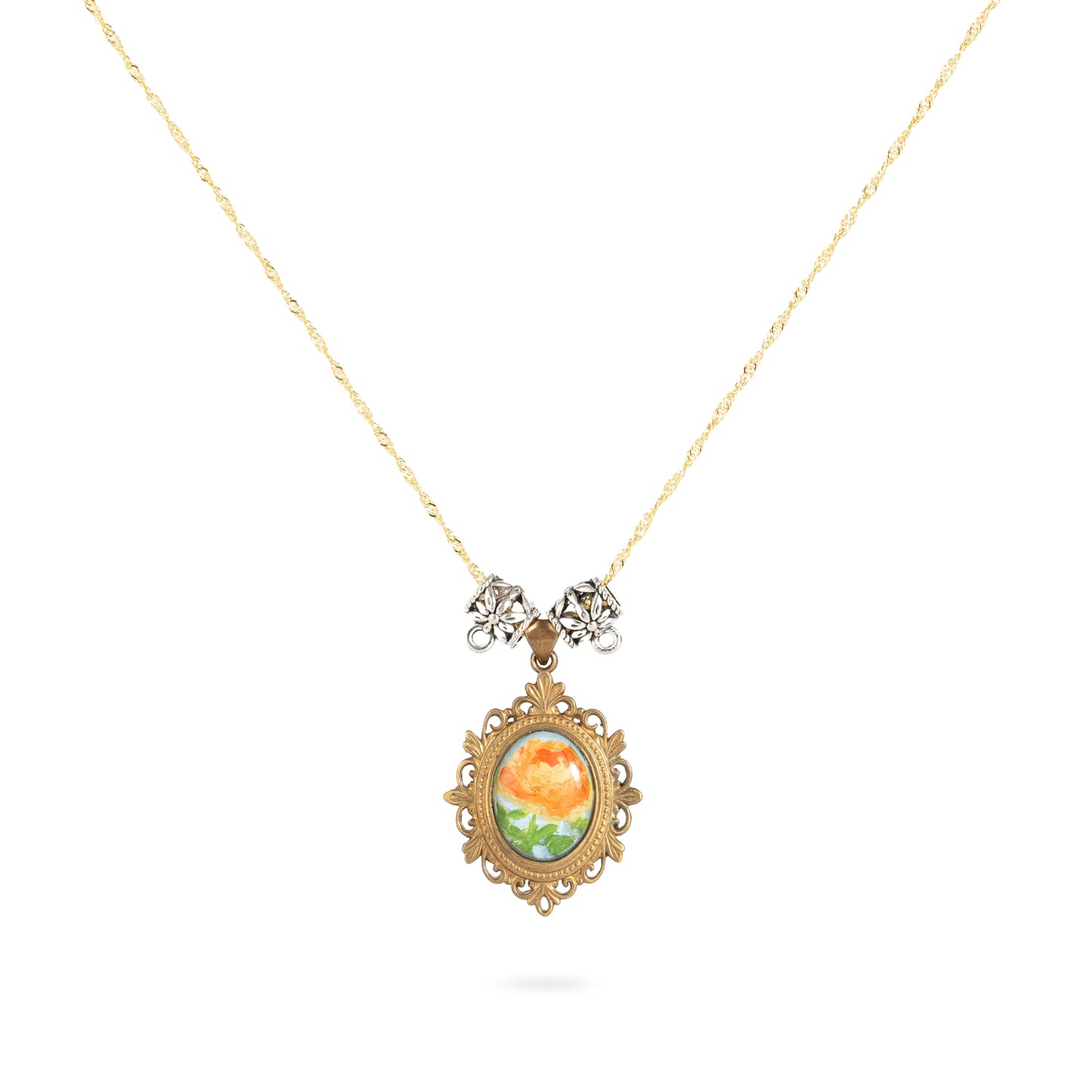 Rose in Golden Light · Hand-painted Brass Relief Floral Necklace – Vintage Sunlit Pendant for Women