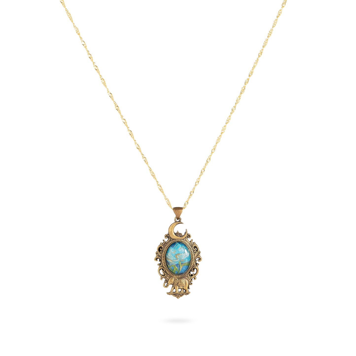 Moonlit Bloom & Elephant Brass Pendant – Inlaid Relief Art Night Blossom Necklace