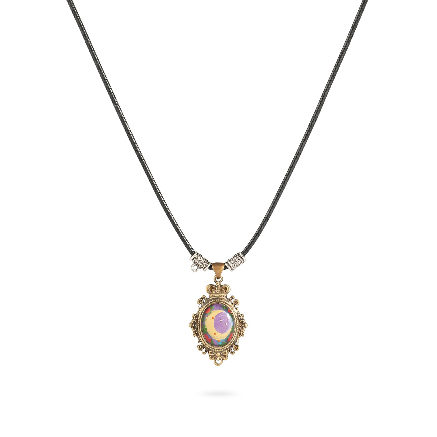 Painted Moondream Brass Necklace – Handcrafted Moon & Stars Relief Art Pendant