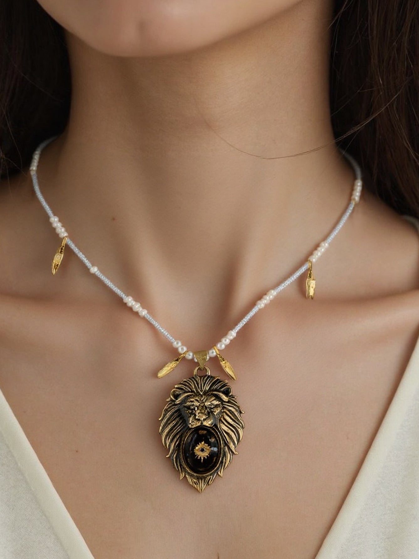 Stellar Lion Pendant Necklace – Vintage Brass with Inlaid Relief Art