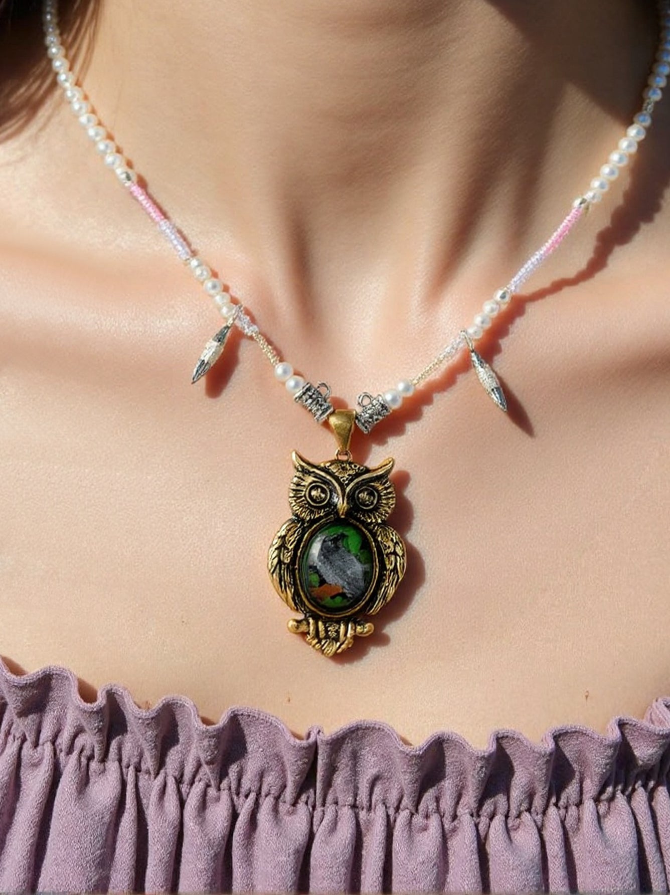 Owl Guardian Pendant Necklace – Vintage Brass with Inlaid Relief Art