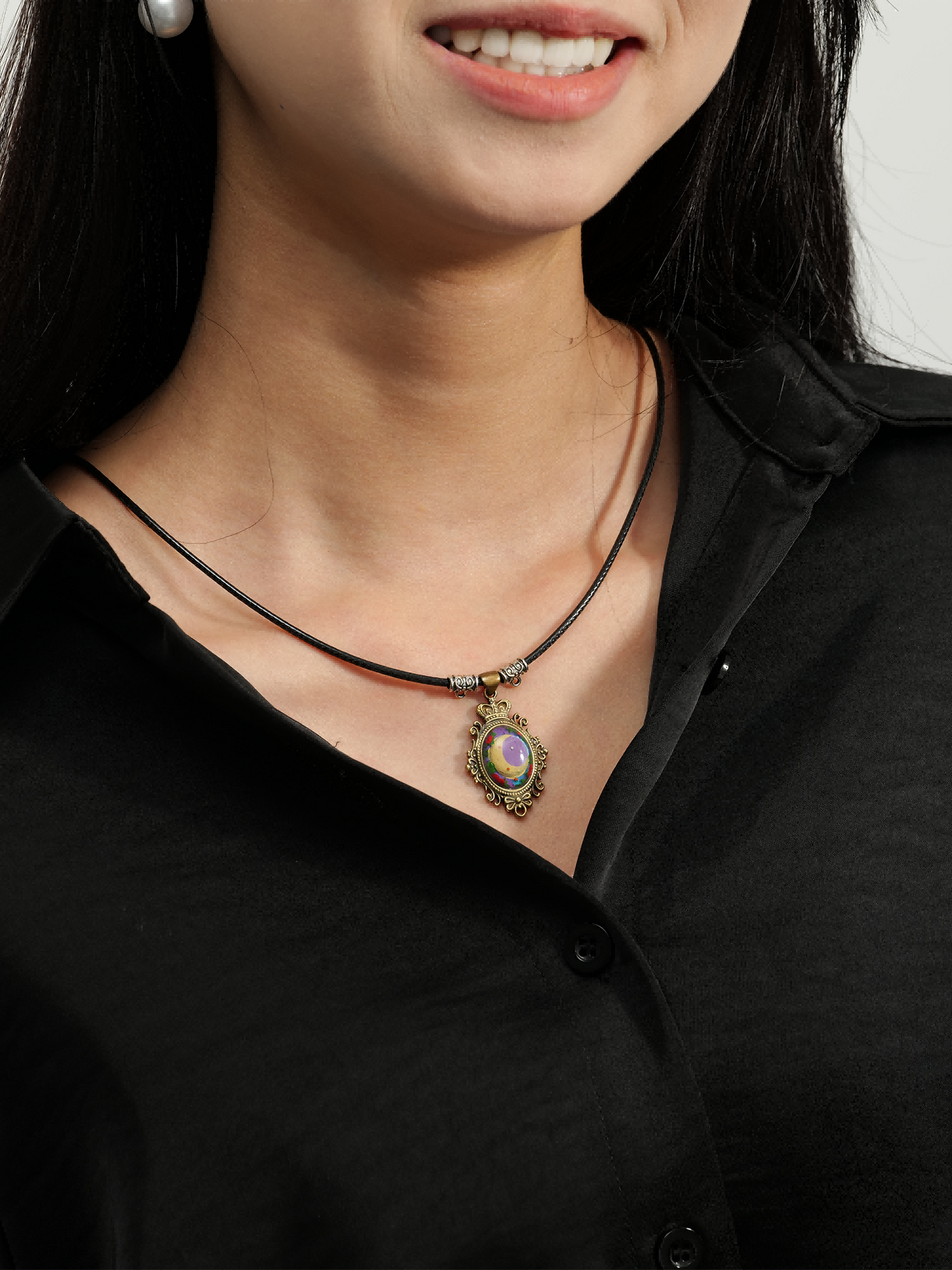 Painted Moondream Brass Necklace – Handcrafted Moon & Stars Relief Art Pendant