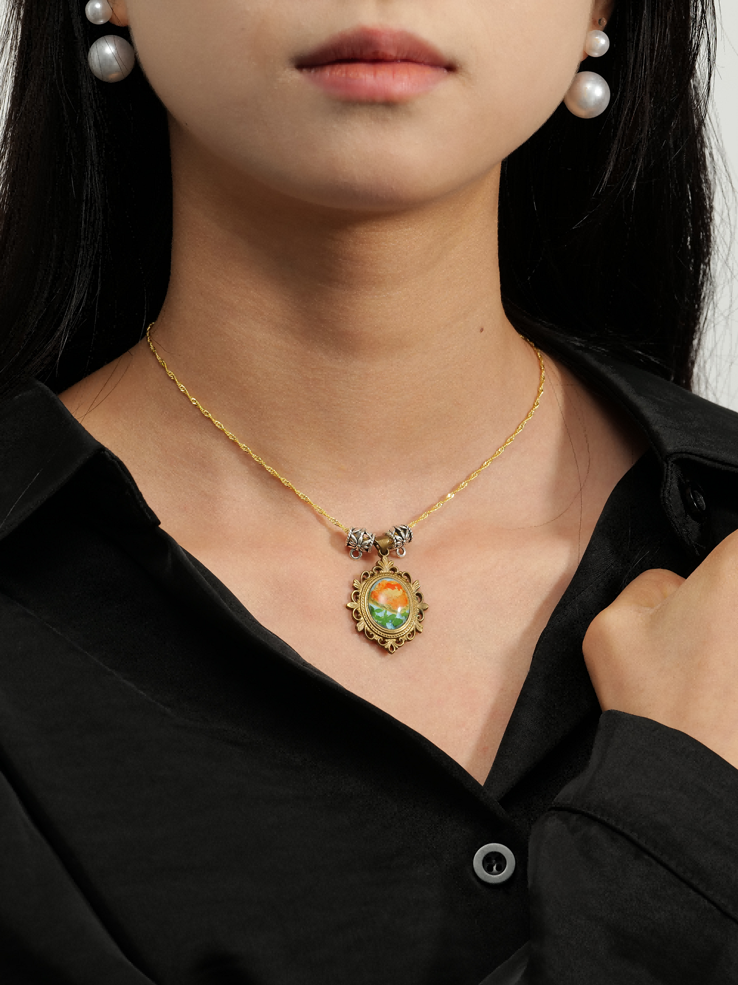 Rose in Golden Light · Hand-painted Brass Relief Floral Necklace – Vintage Sunlit Pendant for Women