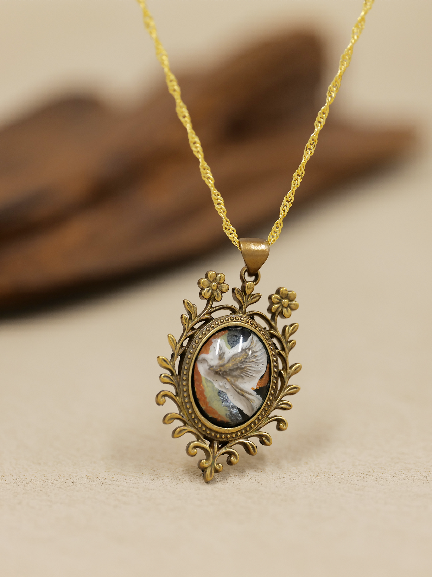 Feather of Rebirth·Hand-painted Brass Relief Necklace-White Feather Phoenix Pendant