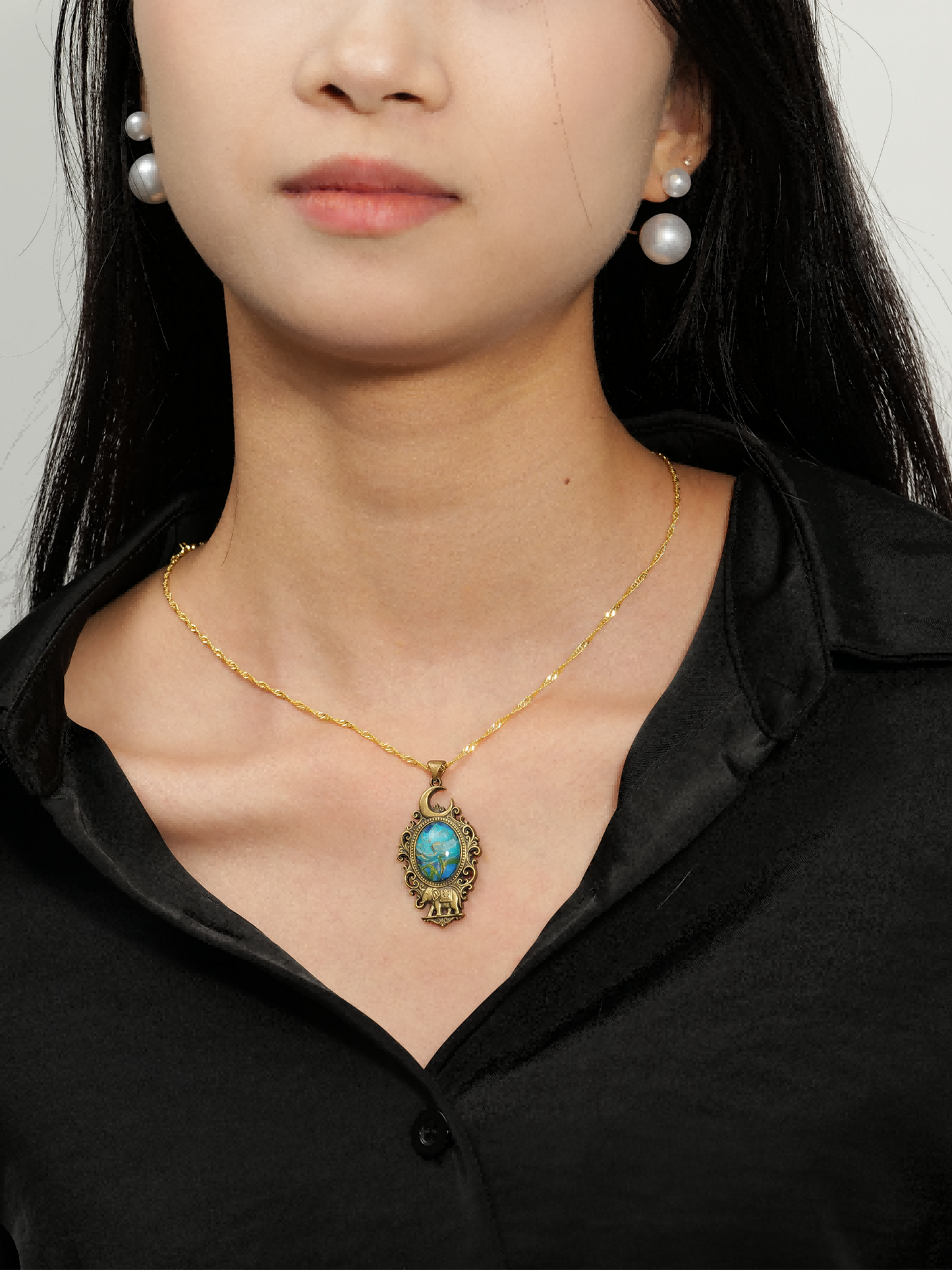 Moonlit Bloom & Elephant Brass Pendant – Inlaid Relief Art Night Blossom Necklace