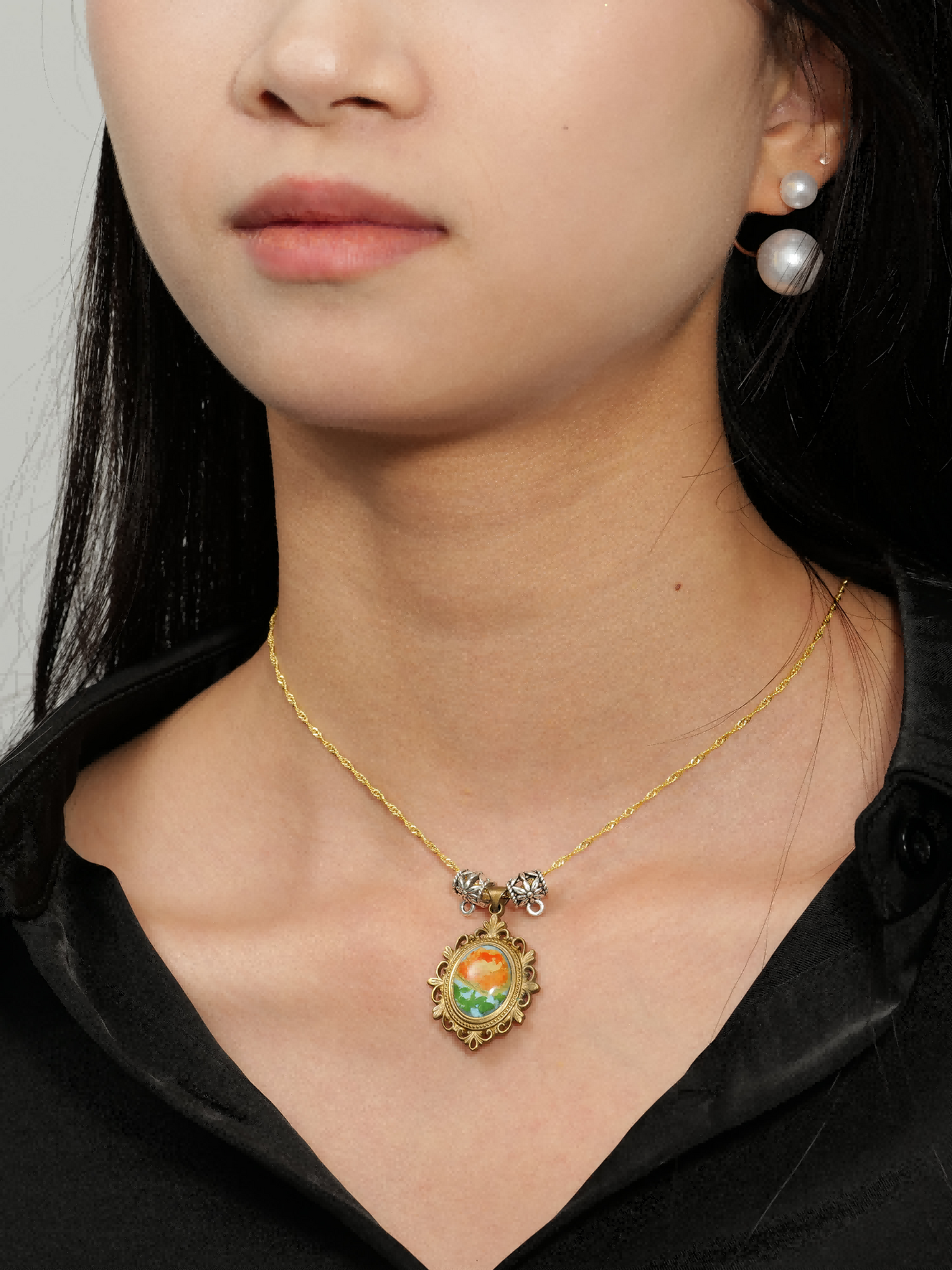 Rose in Golden Light · Hand-painted Brass Relief Floral Necklace – Vintage Sunlit Pendant for Women