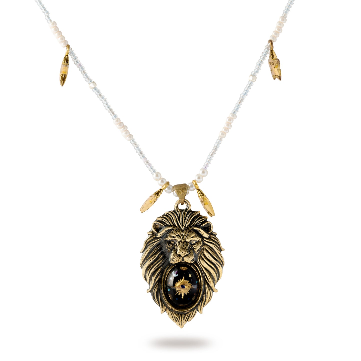 Stellar Lion Pendant Necklace – Vintage Brass with Inlaid Relief Art