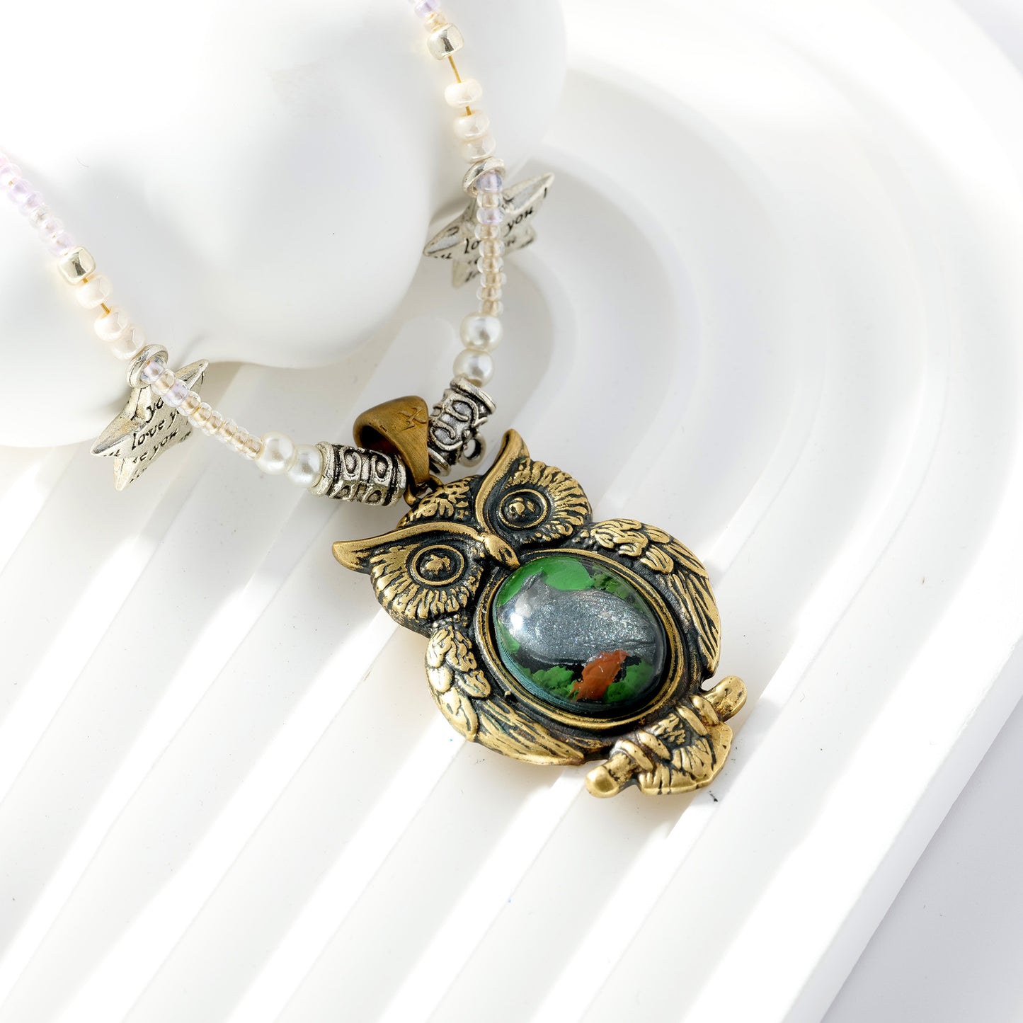 Owl Guardian Pendant Necklace – Vintage Brass with Inlaid Relief Art