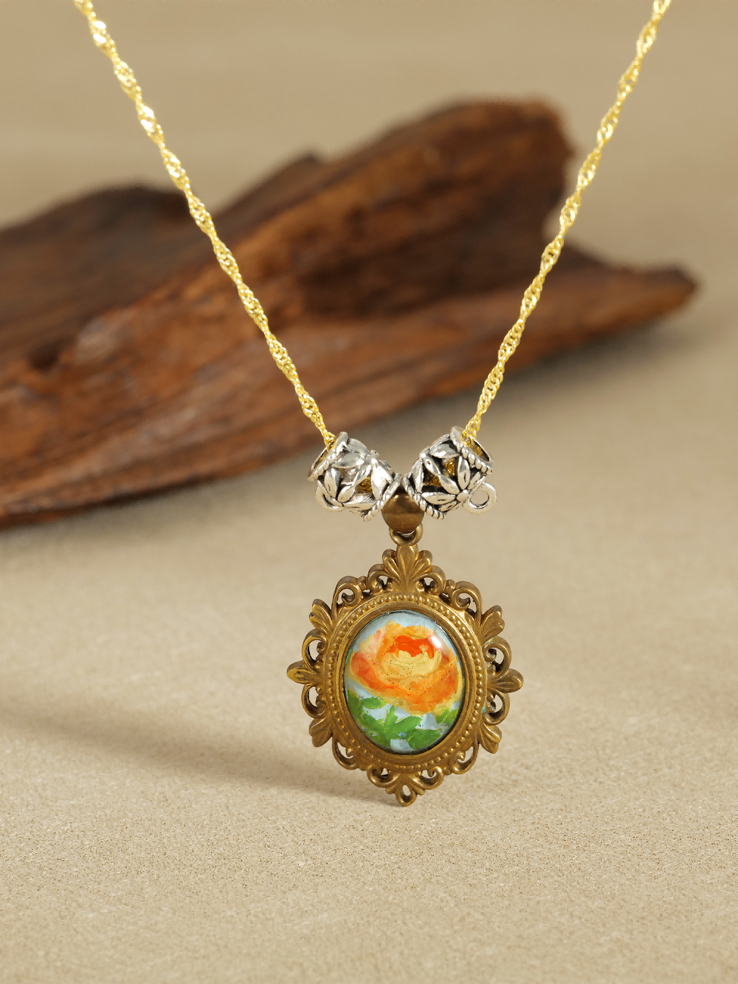 Rose in Golden Light · Hand-painted Brass Relief Floral Necklace – Vintage Sunlit Pendant for Women