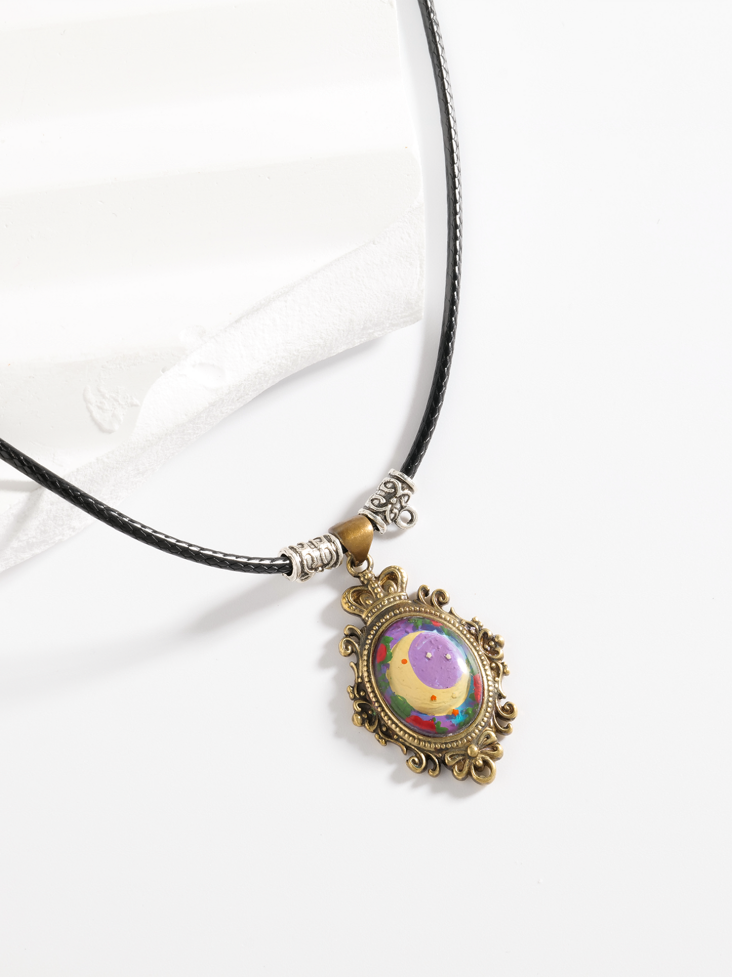 Painted Moondream Brass Necklace – Handcrafted Moon & Stars Relief Art Pendant