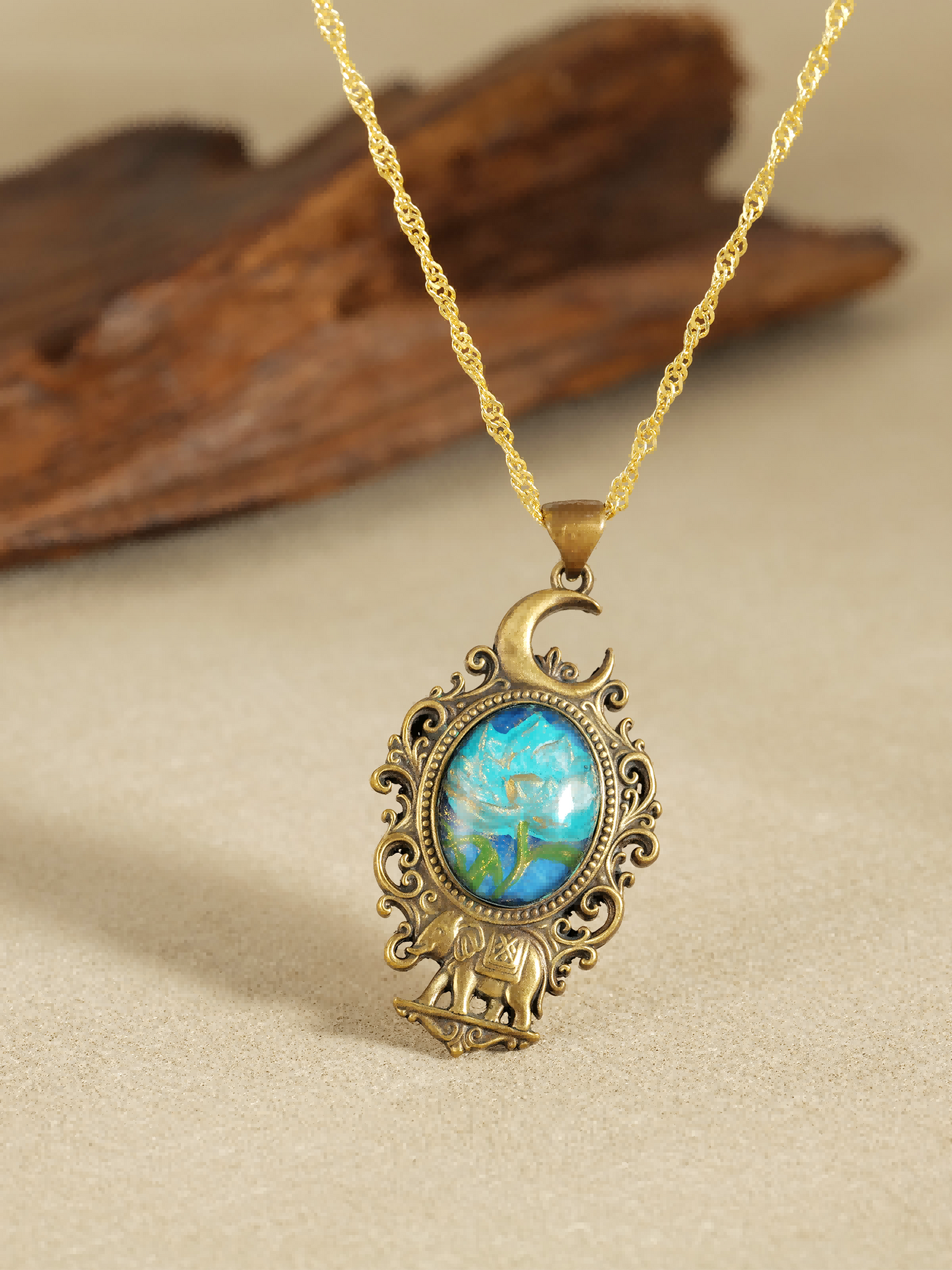 Moonlit Bloom & Elephant Brass Pendant – Inlaid Relief Art Night Blossom Necklace