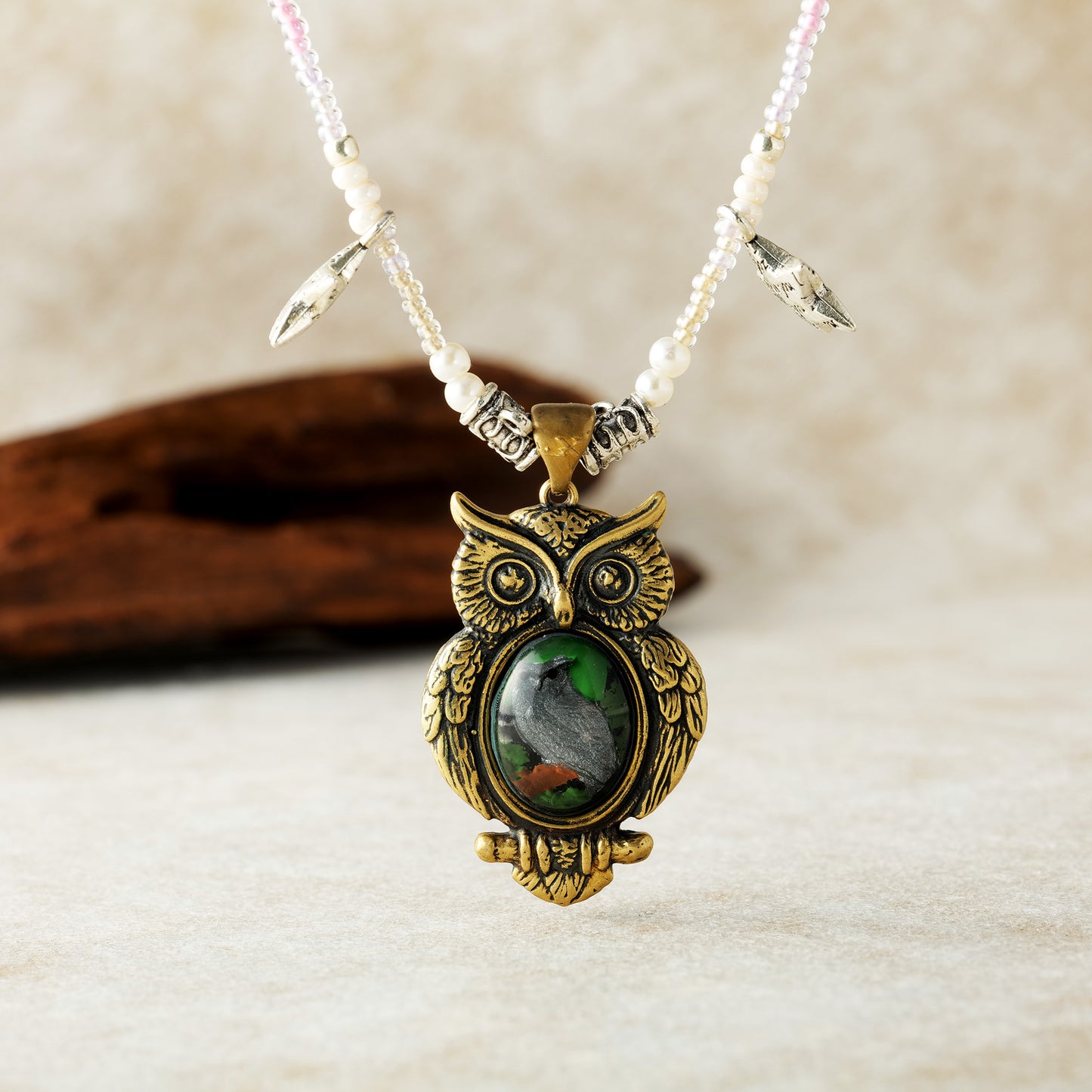 Owl Guardian Pendant Necklace – Vintage Brass with Inlaid Relief Art