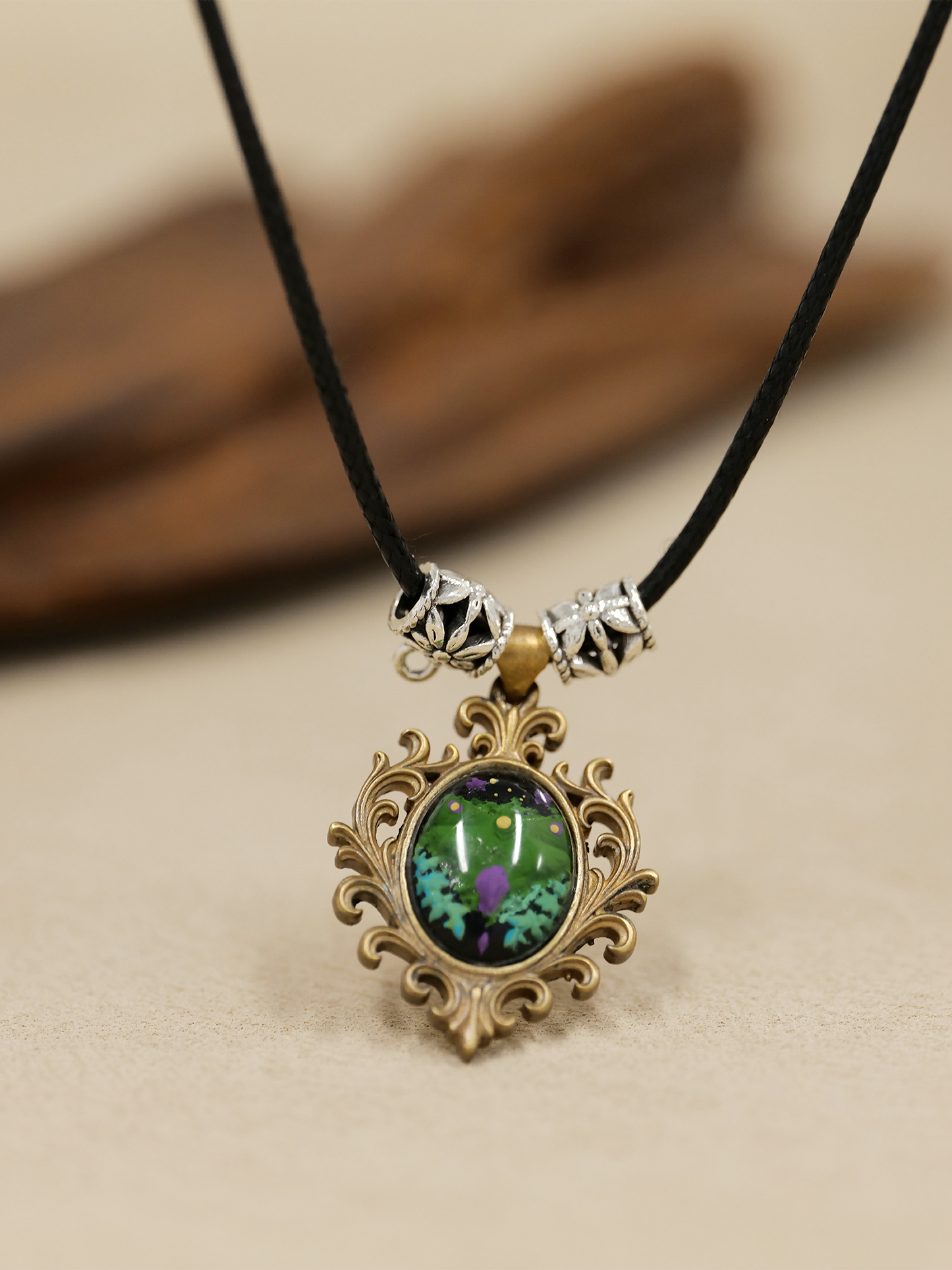 Whisper of the Duskwing · Hand-Painted Brass Relief Necklace – Forest Dragonfly Amulet