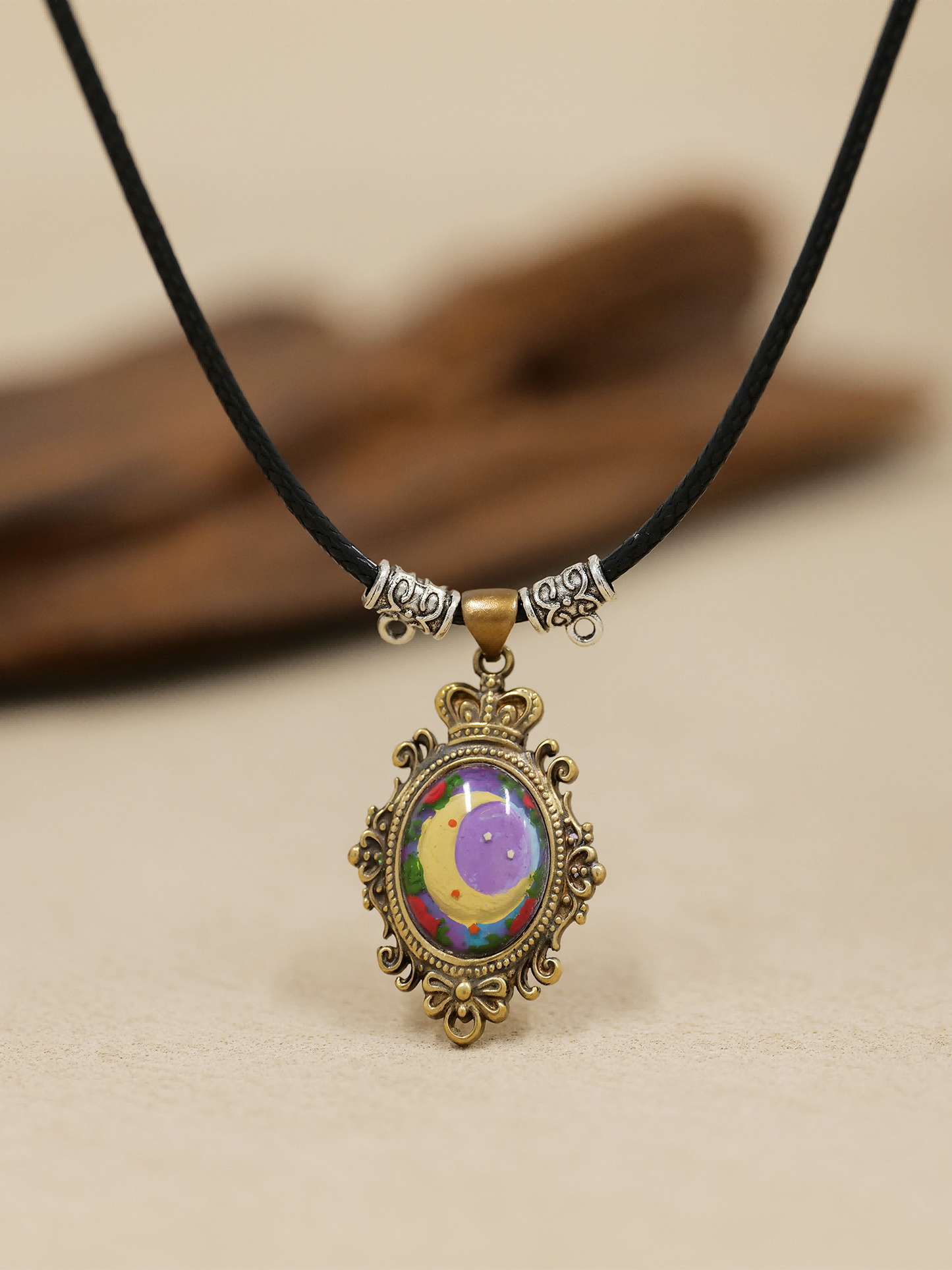 Painted Moondream Brass Necklace – Handcrafted Moon & Stars Relief Art Pendant