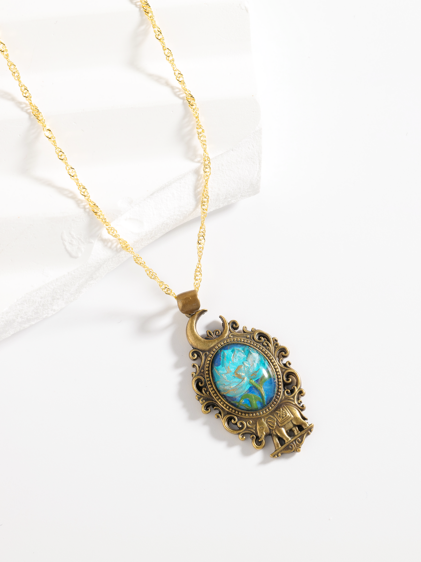 Moonlit Bloom & Elephant Brass Pendant – Inlaid Relief Art Night Blossom Necklace