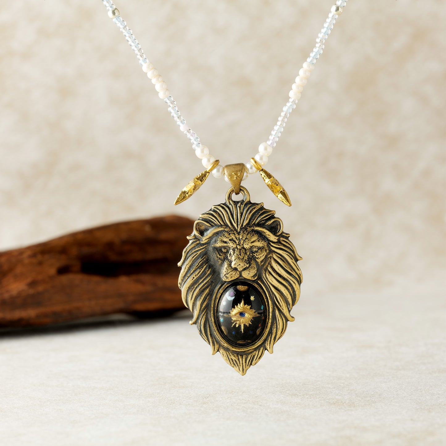 Stellar Lion Pendant Necklace – Vintage Brass with Inlaid Relief Art