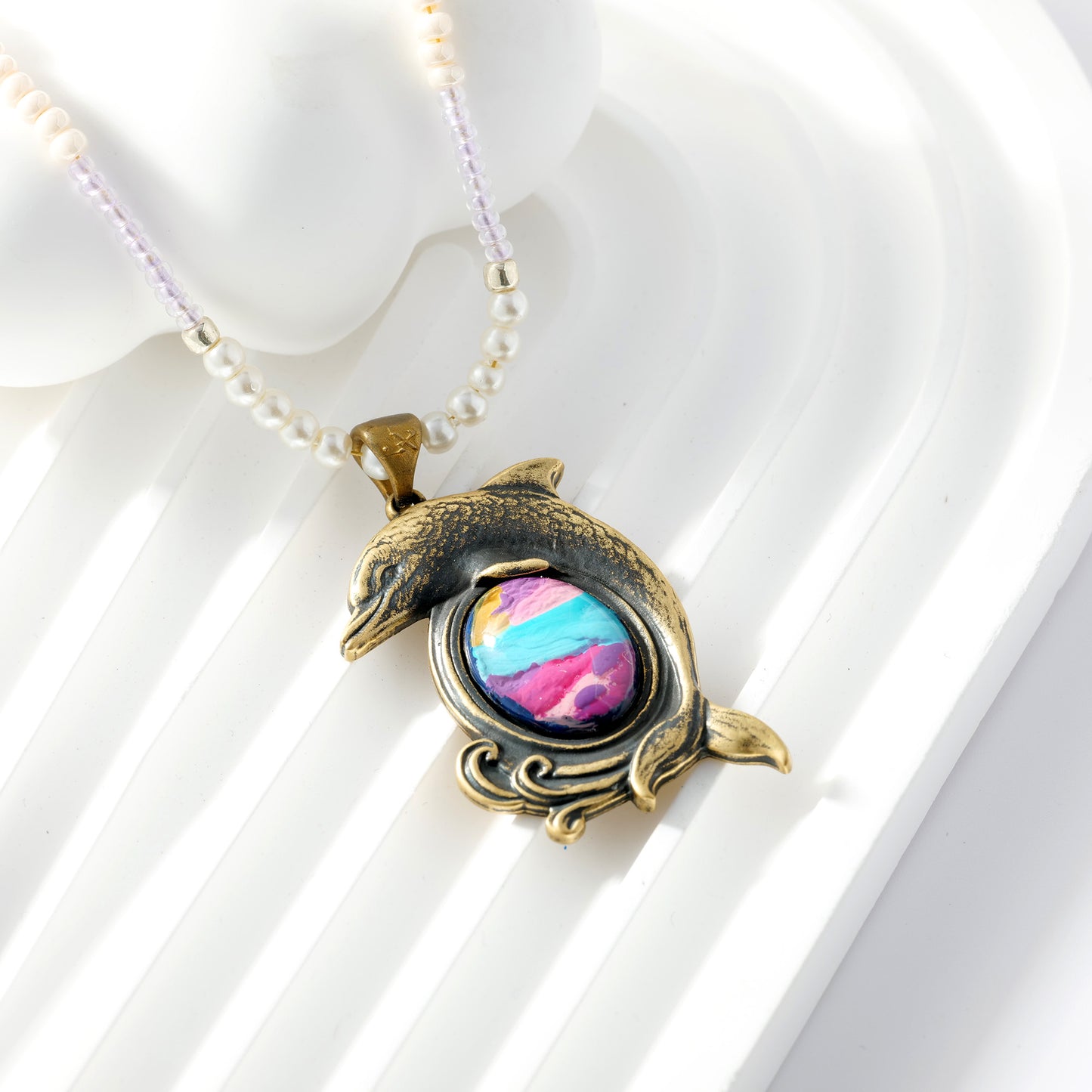 Ocean Glow Dolphin Brass Pendant – Inlaid Relief Art Coastal Necklace