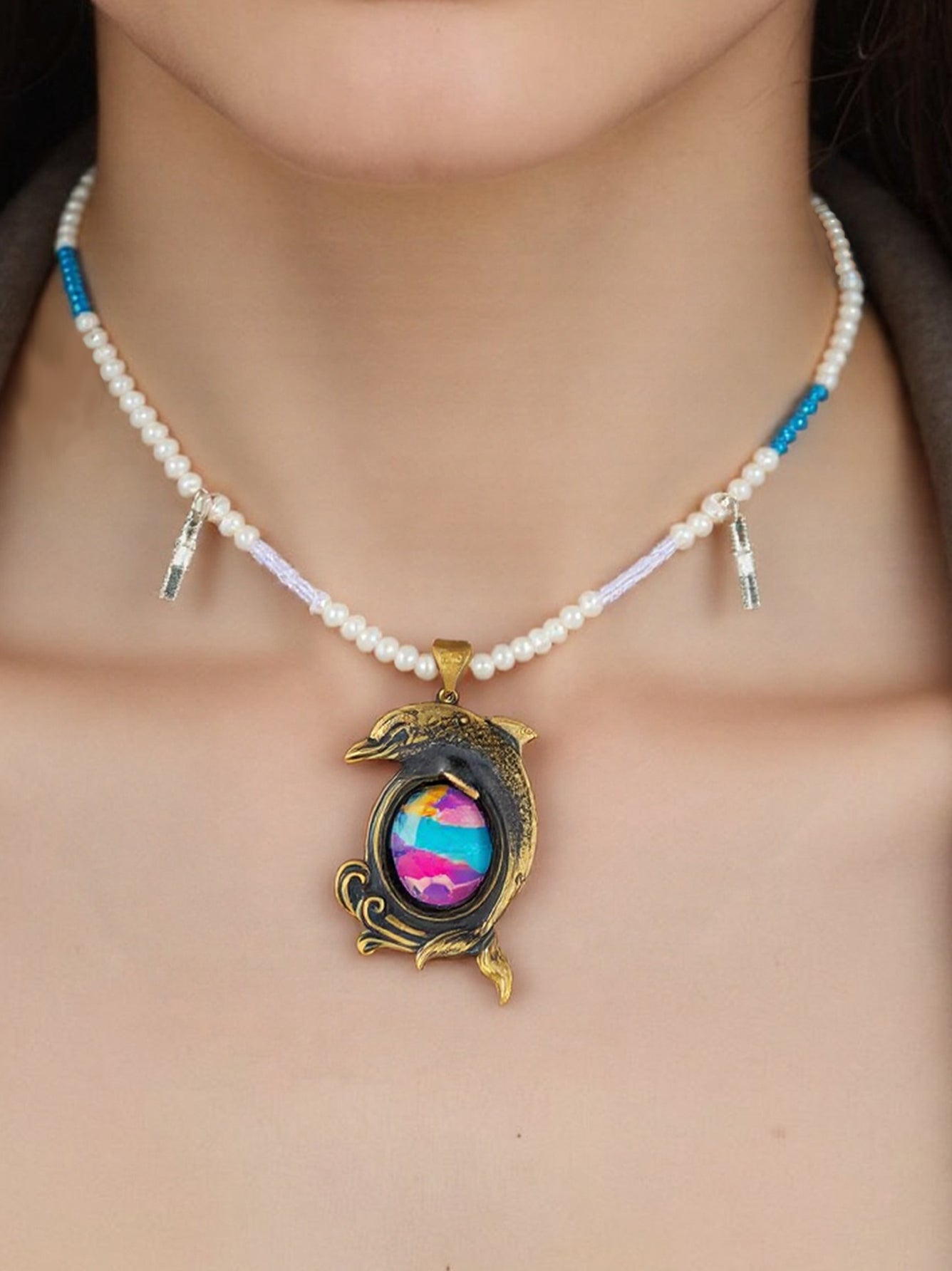 Ocean Glow Dolphin Brass Pendant – Inlaid Relief Art Coastal Necklace