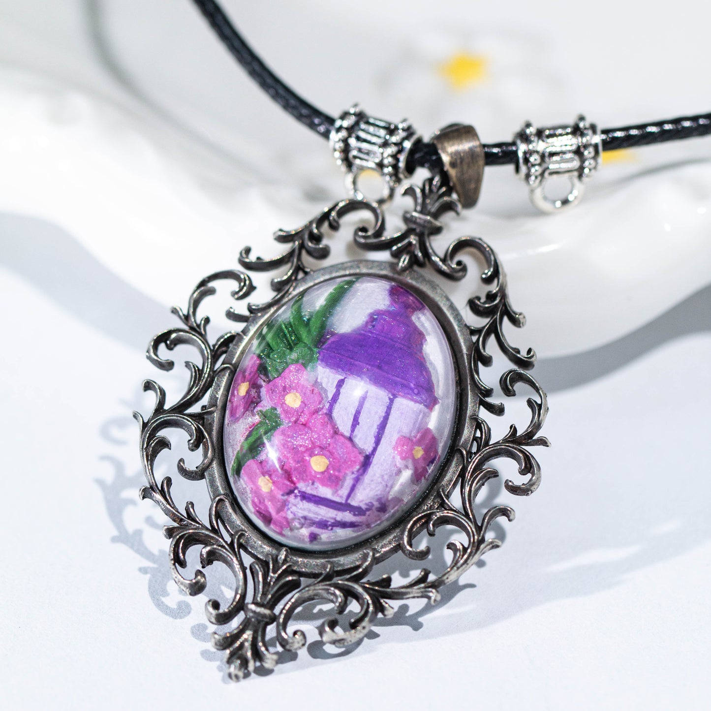 Vintage Floral Lantern Pendant Necklace – Hand-Painted Garden in Ornate Silver Frame | Dreamy Romantic Jewelry