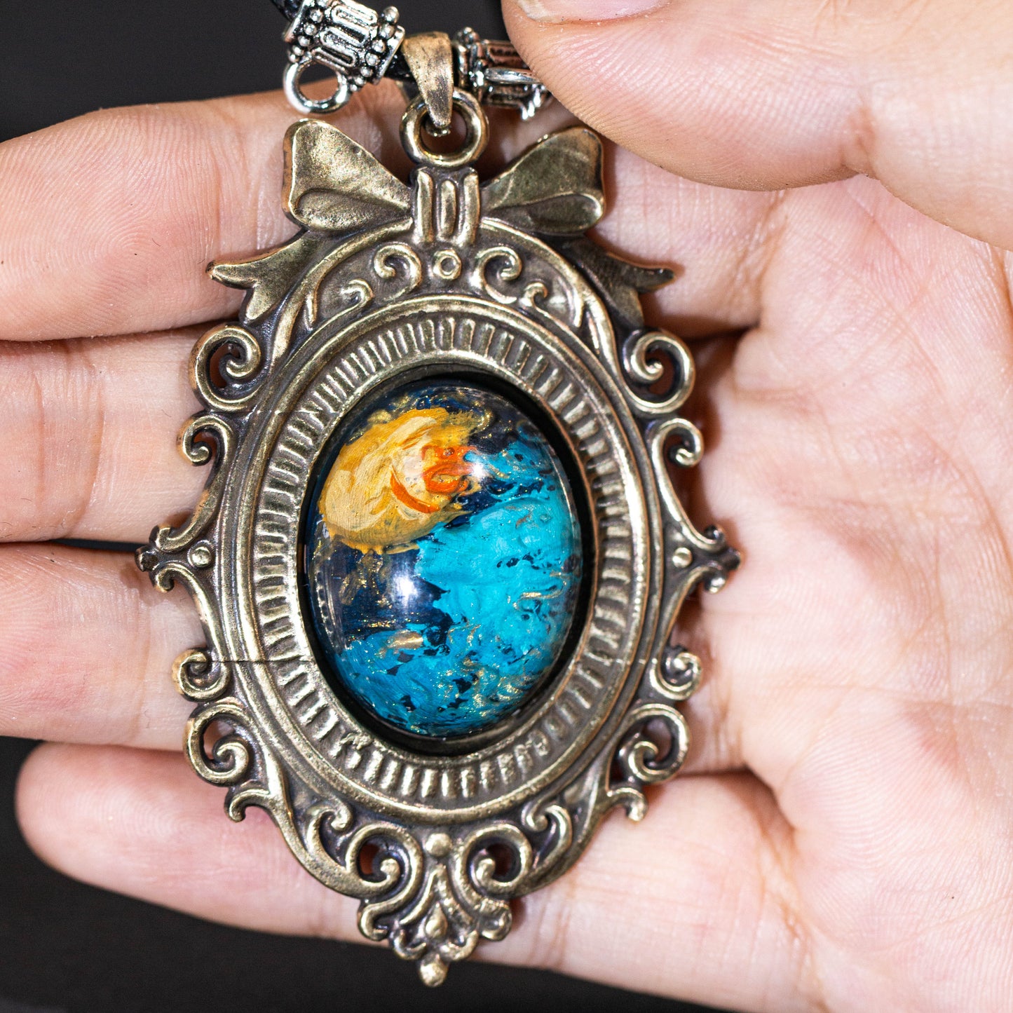 Galaxy Nebula Pendant Necklace – Hand-Painted Cosmic Sky in Vintage Brass Bow Frame | Space Fantasy Jewelry