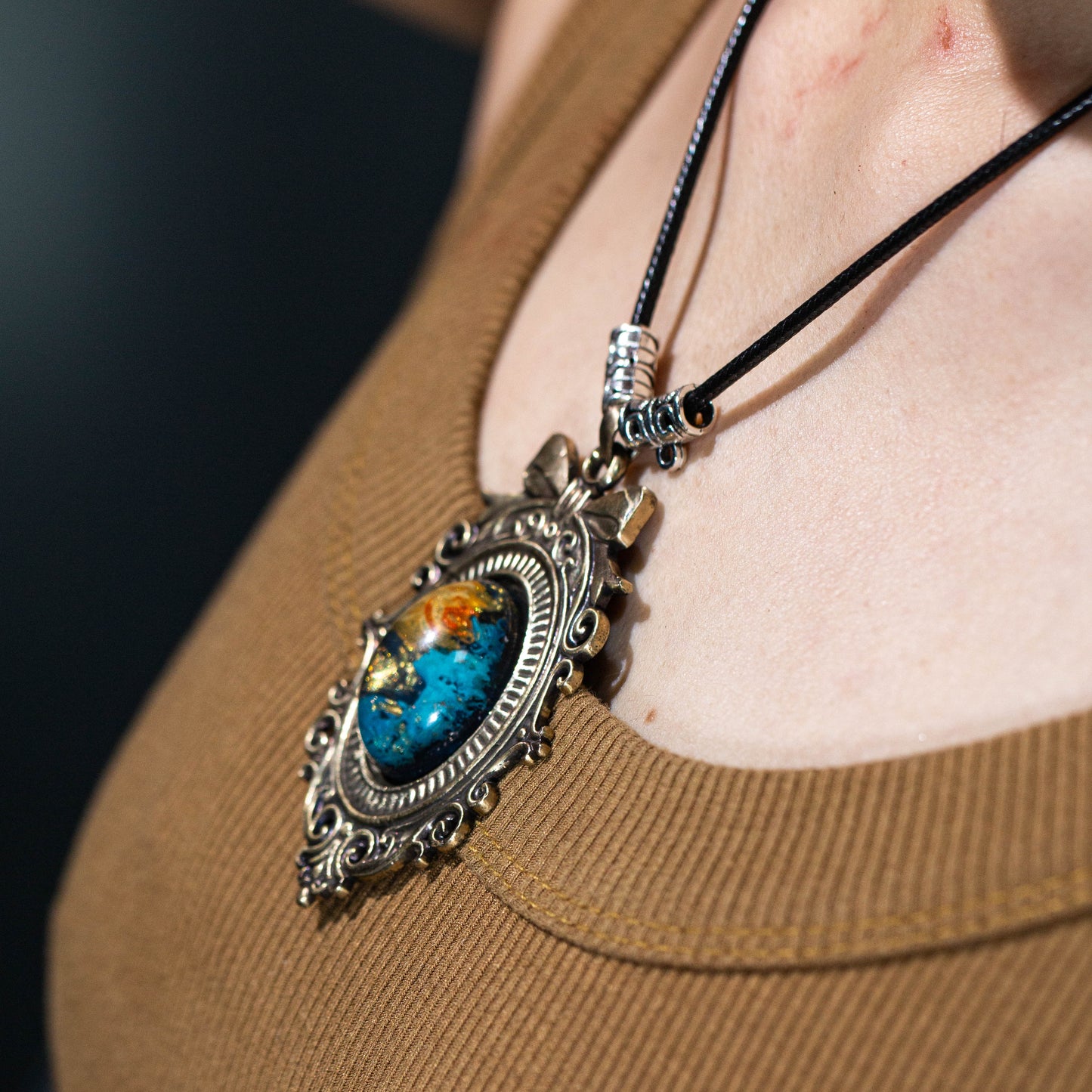 Galaxy Nebula Pendant Necklace – Hand-Painted Cosmic Sky in Vintage Brass Bow Frame | Space Fantasy Jewelry