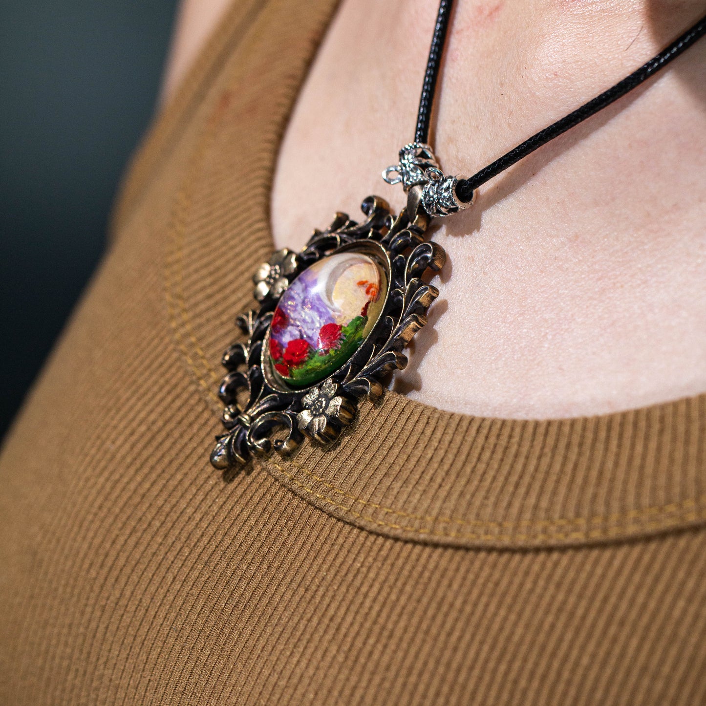 Vintage Floral Brass Pendant Necklace – Hand-Painted Sunset Landscape with Moon & Roses | Romantic Nature Jewelry