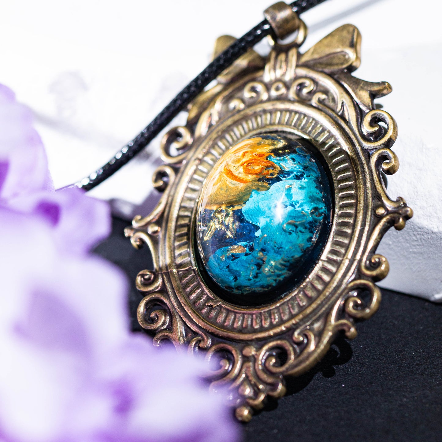 Galaxy Nebula Pendant Necklace – Hand-Painted Cosmic Sky in Vintage Brass Bow Frame | Space Fantasy Jewelry