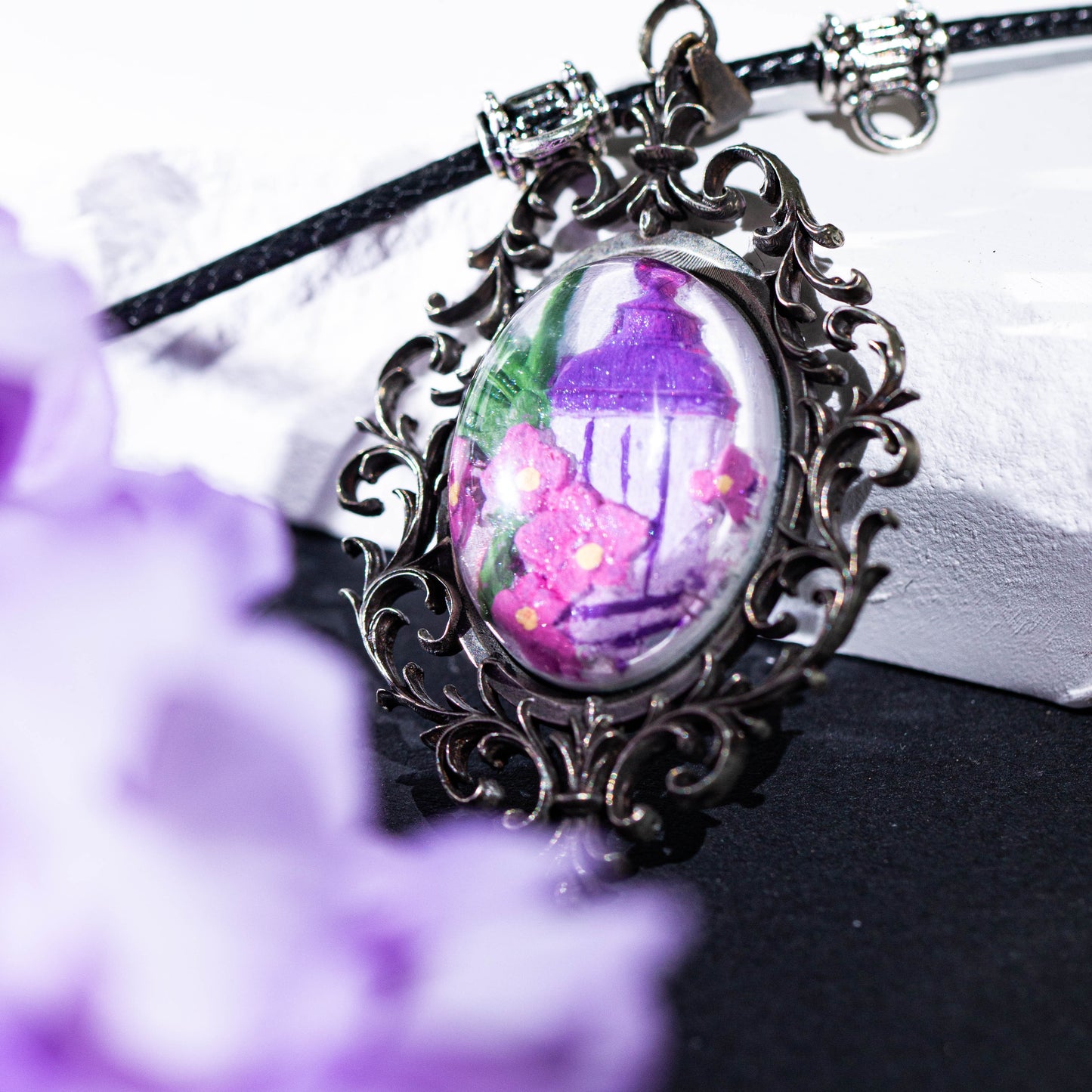 Vintage Floral Lantern Pendant Necklace – Hand-Painted Garden in Ornate Silver Frame | Dreamy Romantic Jewelry