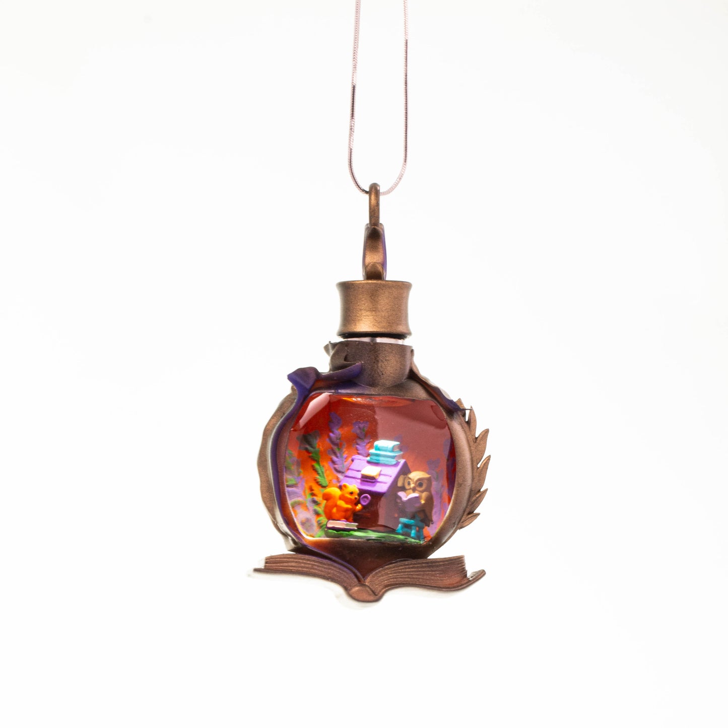 Lavender Library Micro Landscape Necklace – Hand-Painted Resin Pendant with Owl and Books