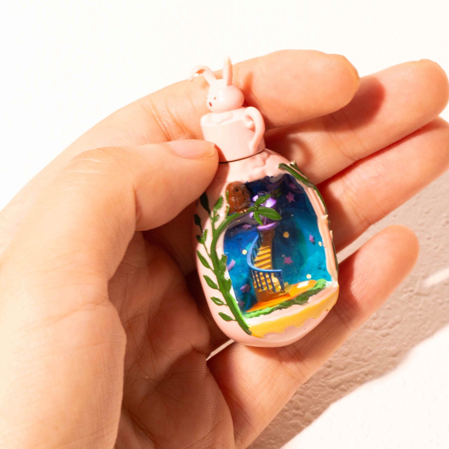 Moonlight Hideaway Micro Landscape Necklace – Hand-Painted Resin Pendant with Bunny & Treehouse Scene