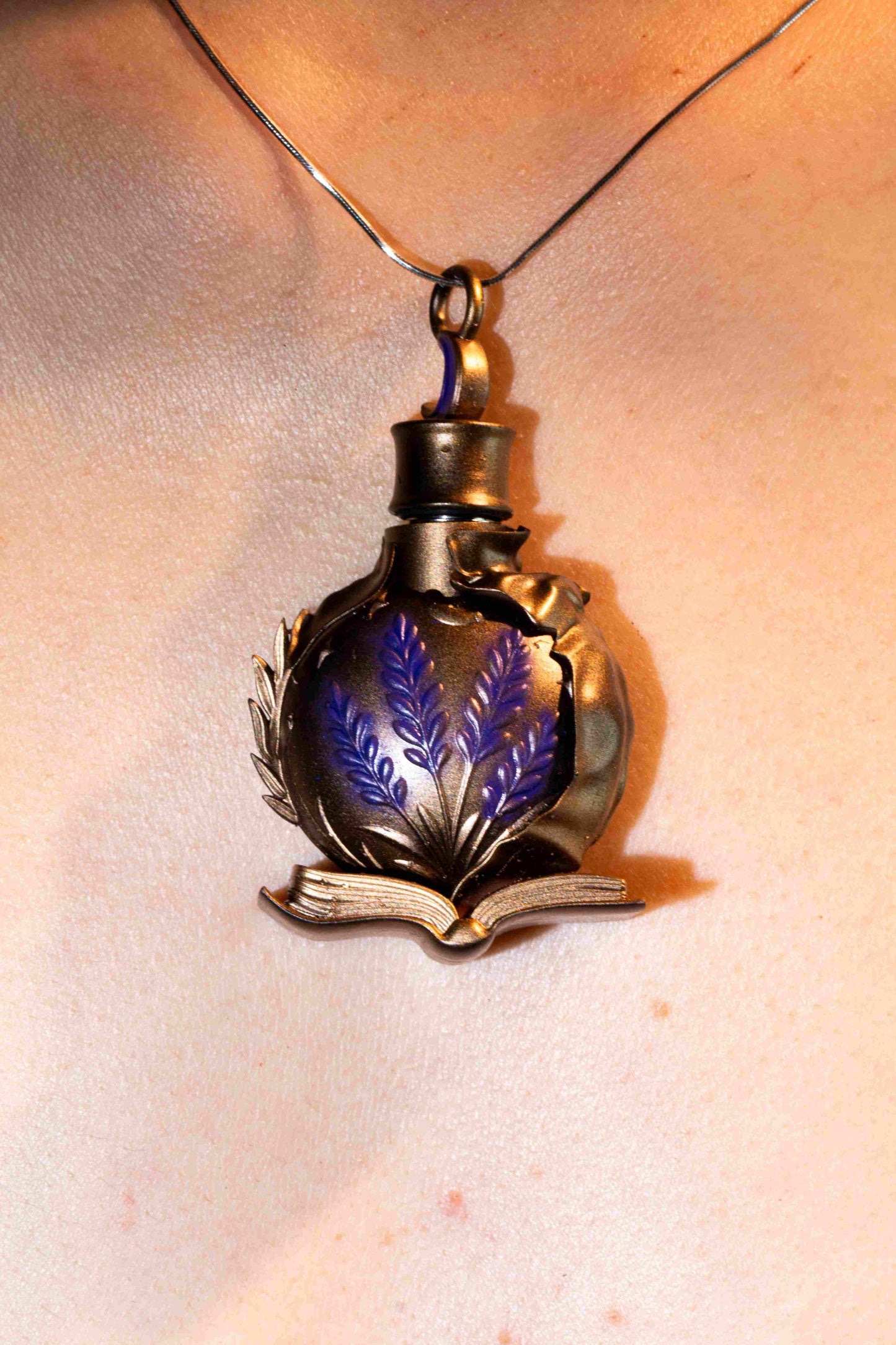 Lavender Library Micro Landscape Necklace – Hand-Painted Resin Pendant with Owl and Books