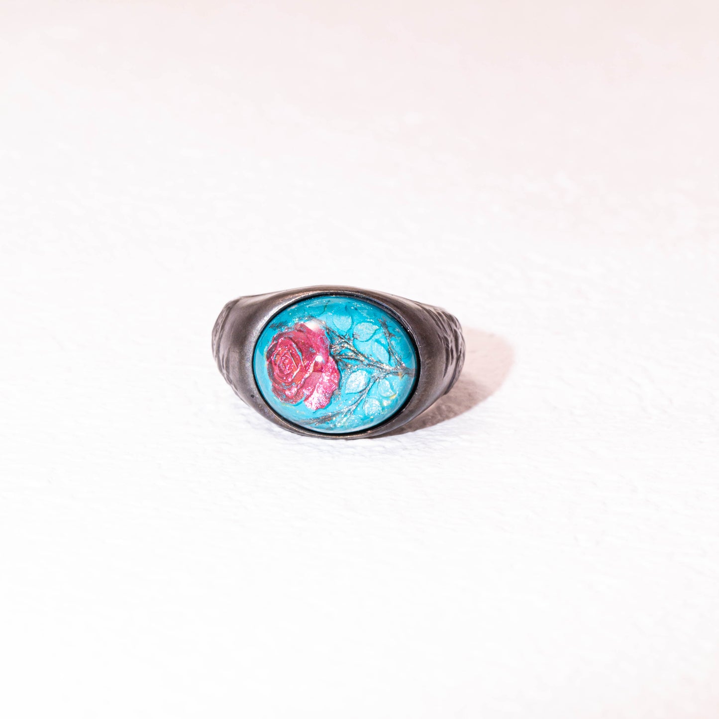 925 sterling silver rose ring with turquoise resin relief