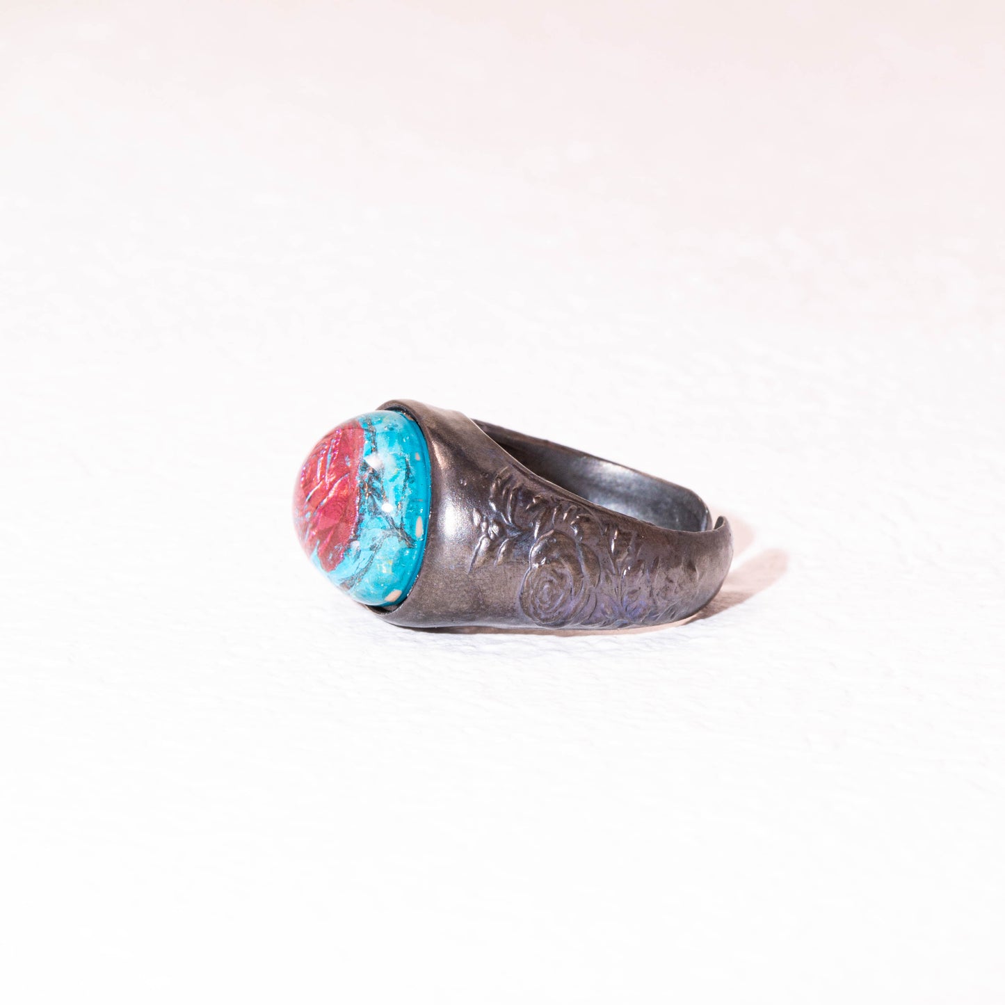 925 sterling silver rose ring with turquoise resin relief