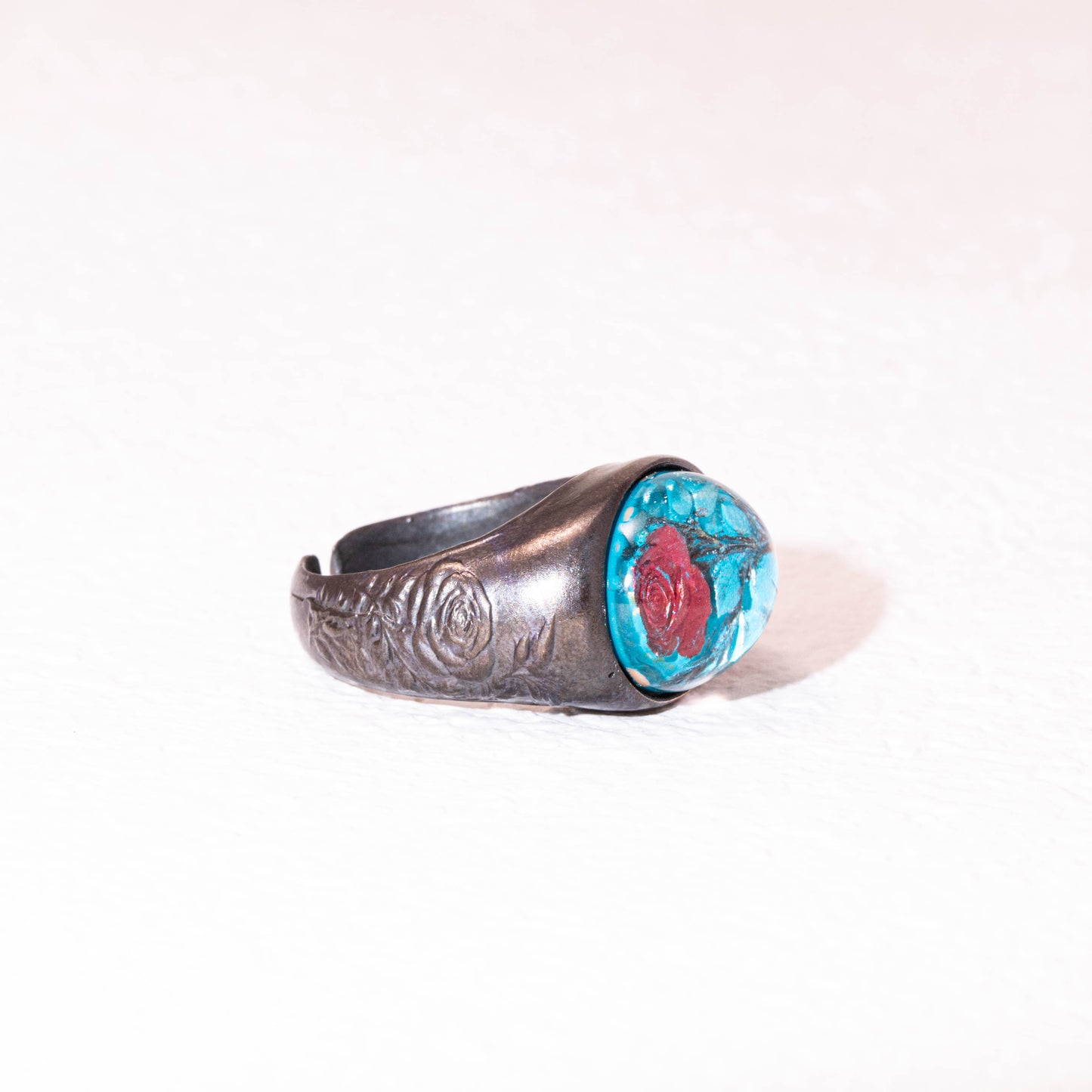 925 sterling silver rose ring with turquoise resin relief