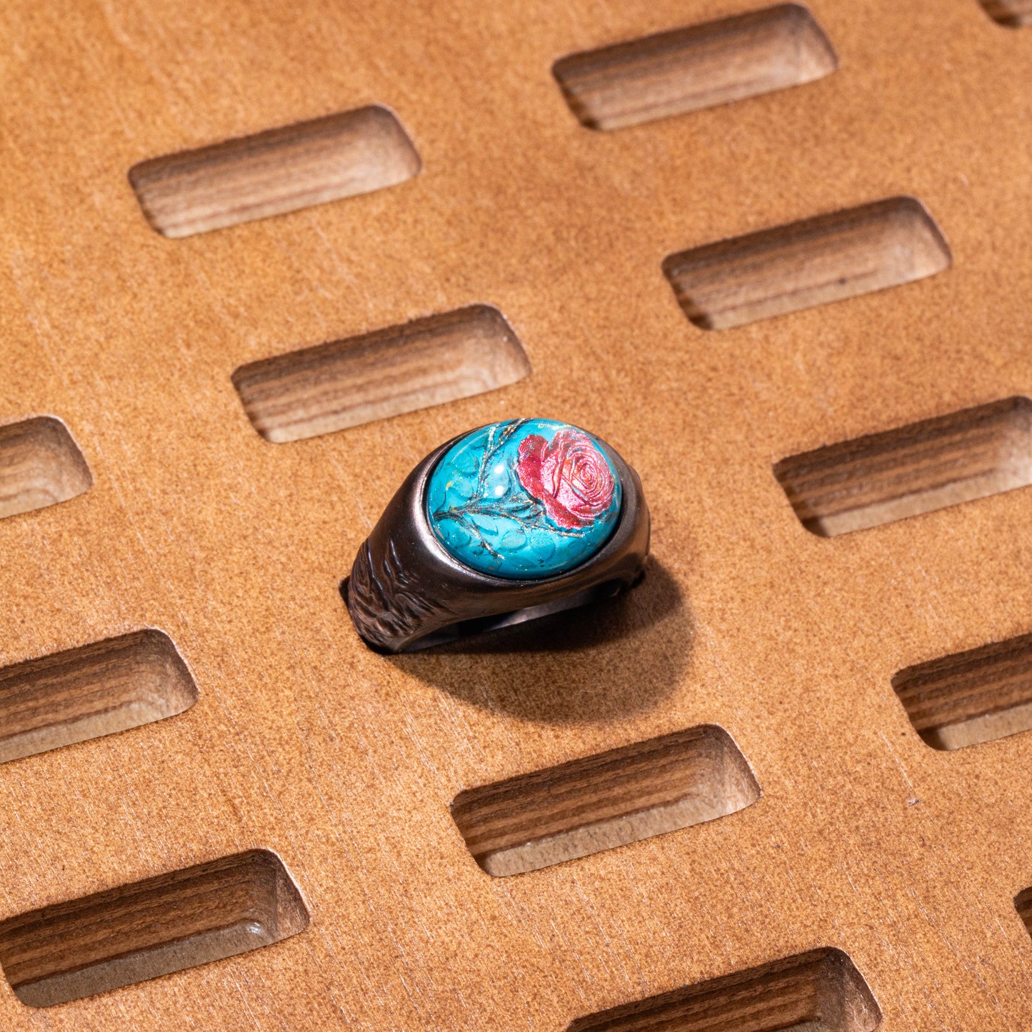925 sterling silver rose ring with turquoise resin relief