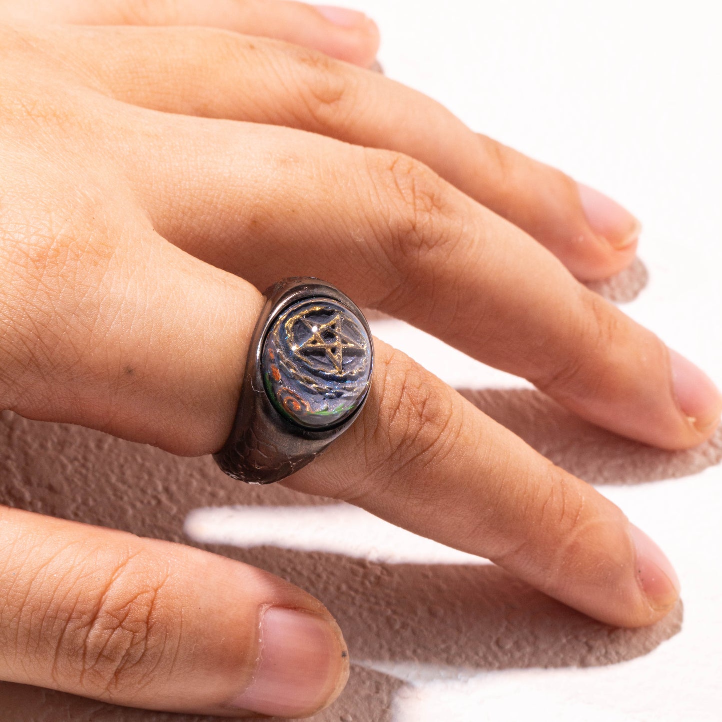 Celestial Pentagram Ring – 925 Silver Handmade Galaxy Resin Talisman