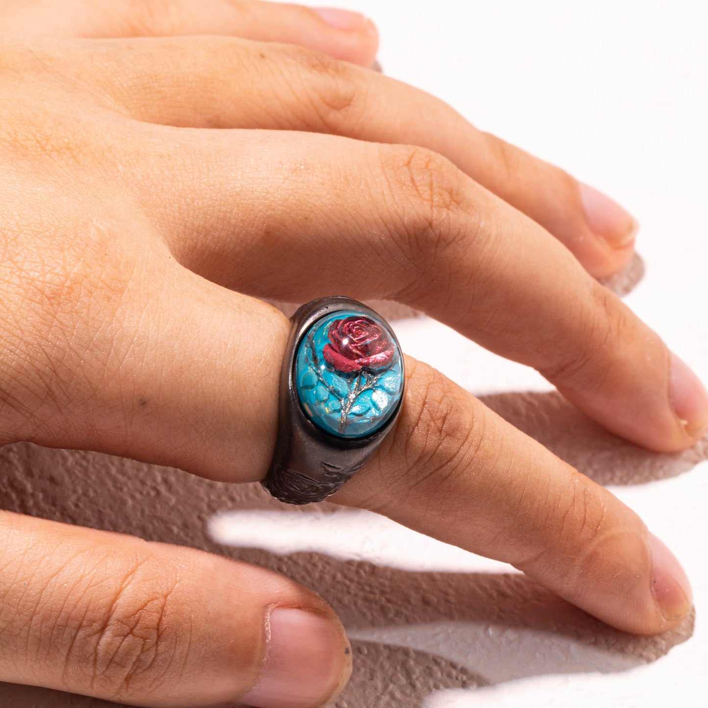 925 sterling silver rose ring with turquoise resin relief