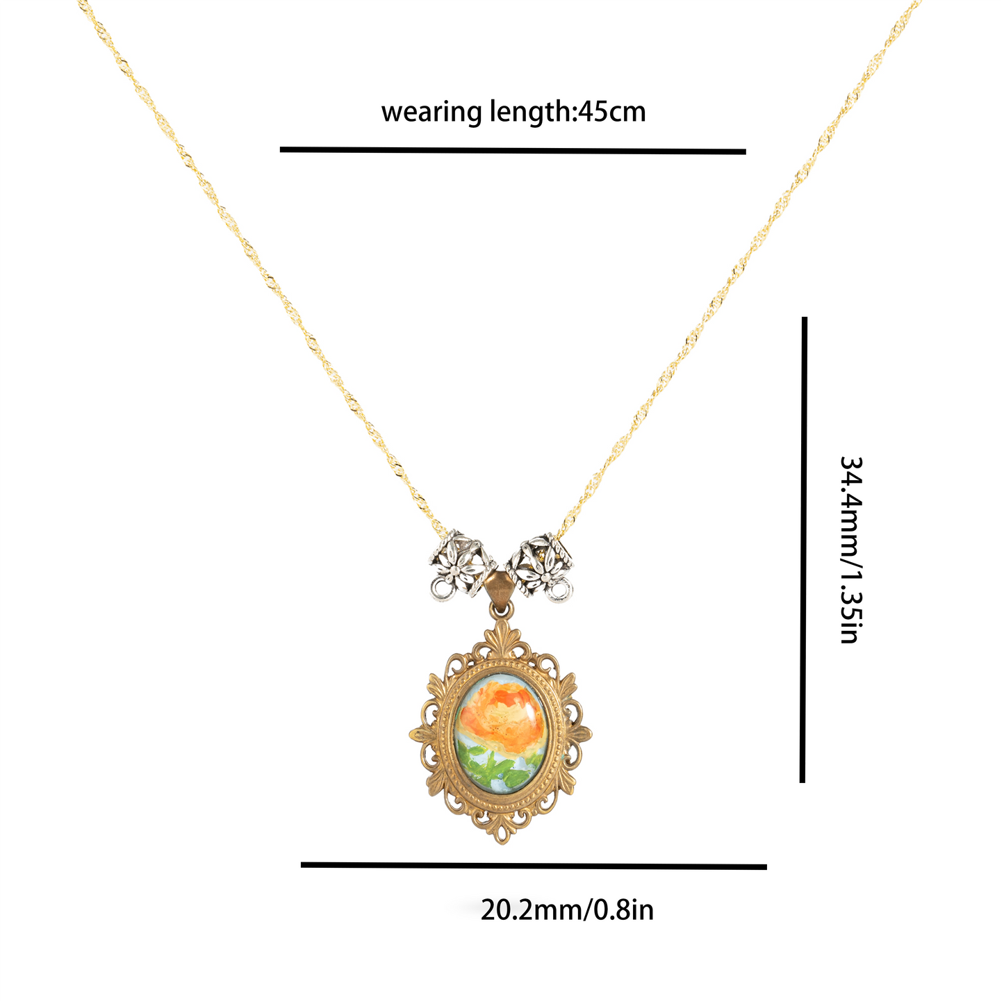 Rose in Golden Light · Hand-painted Brass Relief Floral Necklace – Vintage Sunlit Pendant for Women