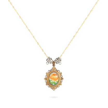 Rose in Golden Light · Hand-painted Brass Relief Floral Necklace – Vintage Sunlit Pendant for Women