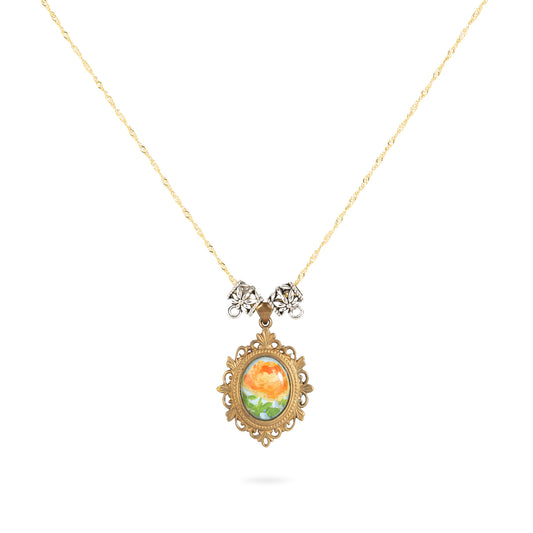 Rose in Golden Light · Hand-painted Brass Relief Floral Necklace – Vintage Sunlit Pendant for Women
