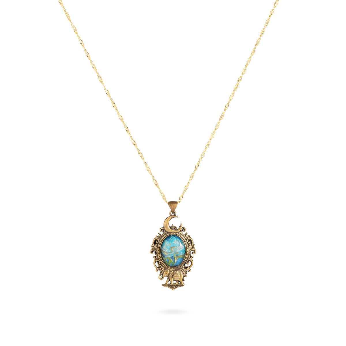Moonlit Bloom & Elephant Wish-brass necklace