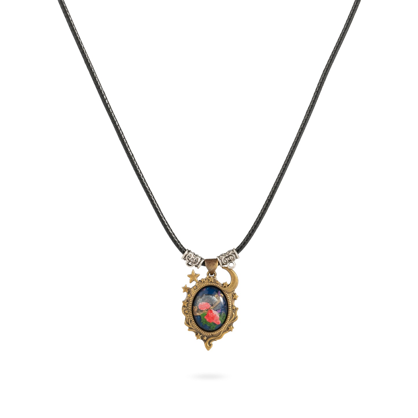 Moonlight Rose Wishing Hand-painted Brass Cameo Necklace - Vintage Moon and Rose Pendant