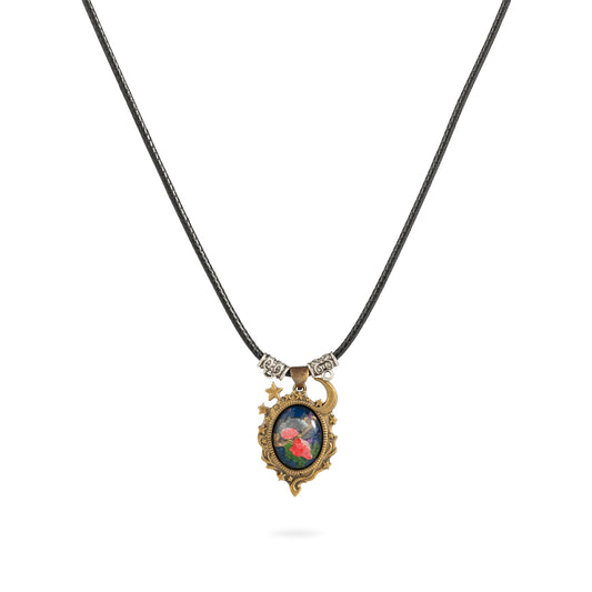 Moonlight Rose Wishing Hand-painted Brass Cameo Necklace - Vintage Moon and Rose Pendant