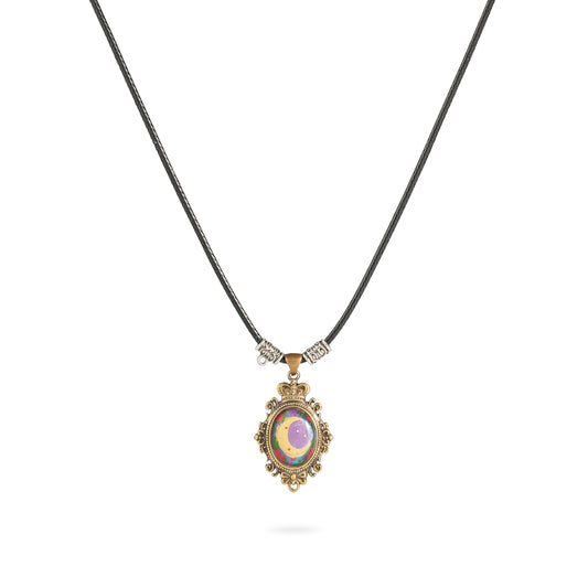 Painted Moondream Brass Necklace – Handcrafted Moon & Stars Relief Art Pendant