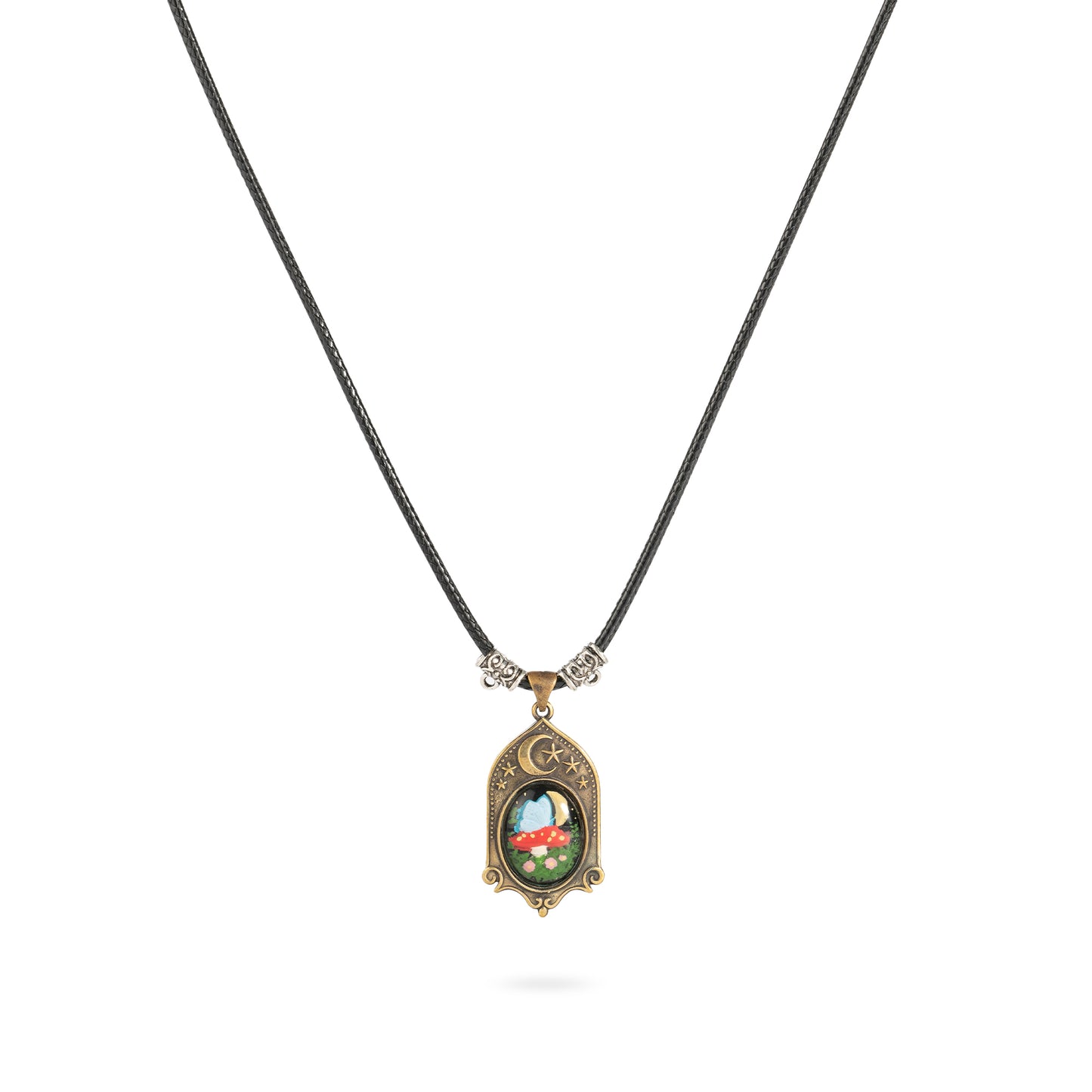 Moonlight Mushroom Cottage Pendant – Handcrafted Brass Relief Art Necklace