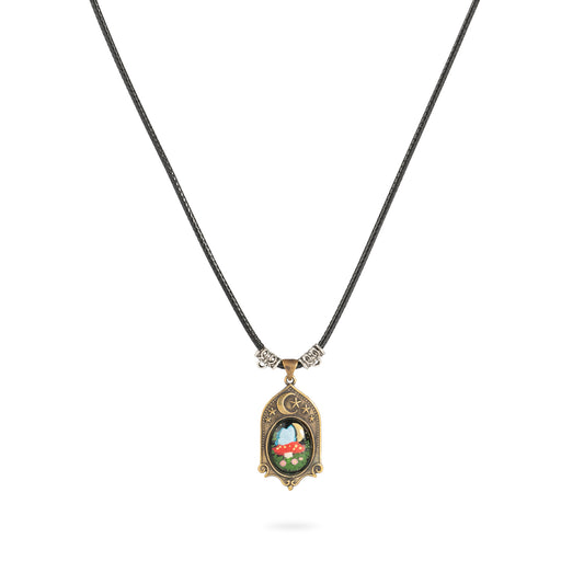 Moonlight Mushroom Cottage Pendant – Handcrafted Brass Relief Art Necklace
