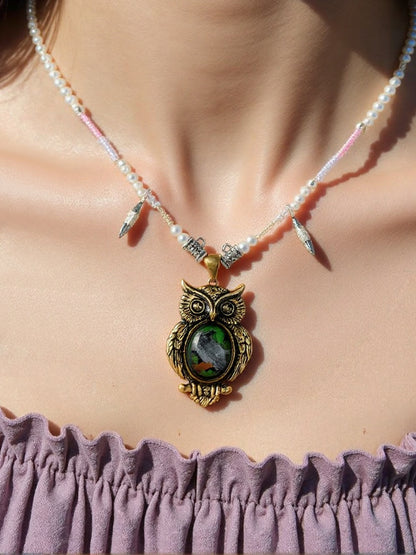 Owl Guardian Pendant Necklace – Vintage Brass with Inlaid Relief Art